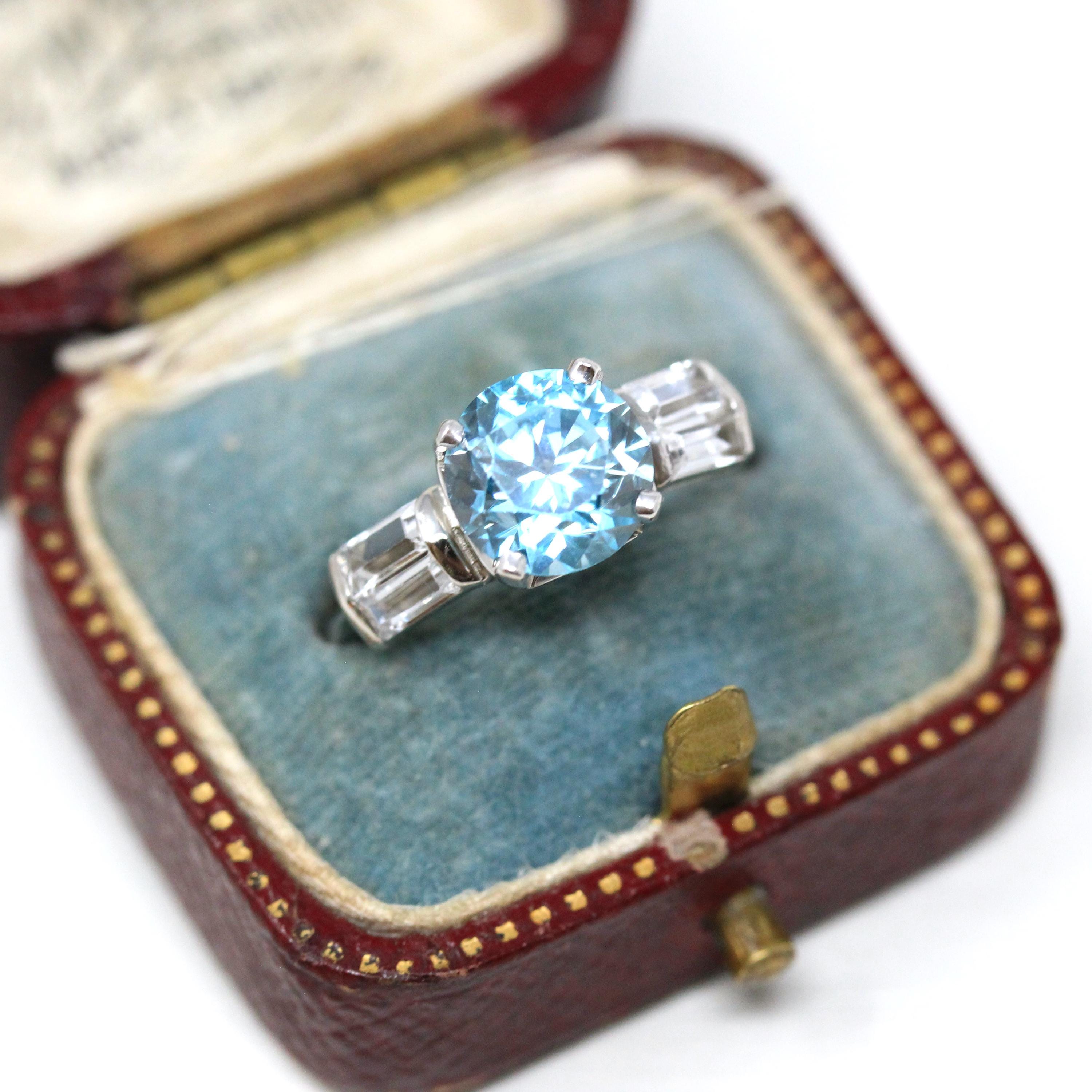 Vintage Blue Zircon Ring - Mid-century 14k White Gold Created White Spinel Gems - Circa 1950s Size 6 1/2 Alternative Engagement Fine Jewelry