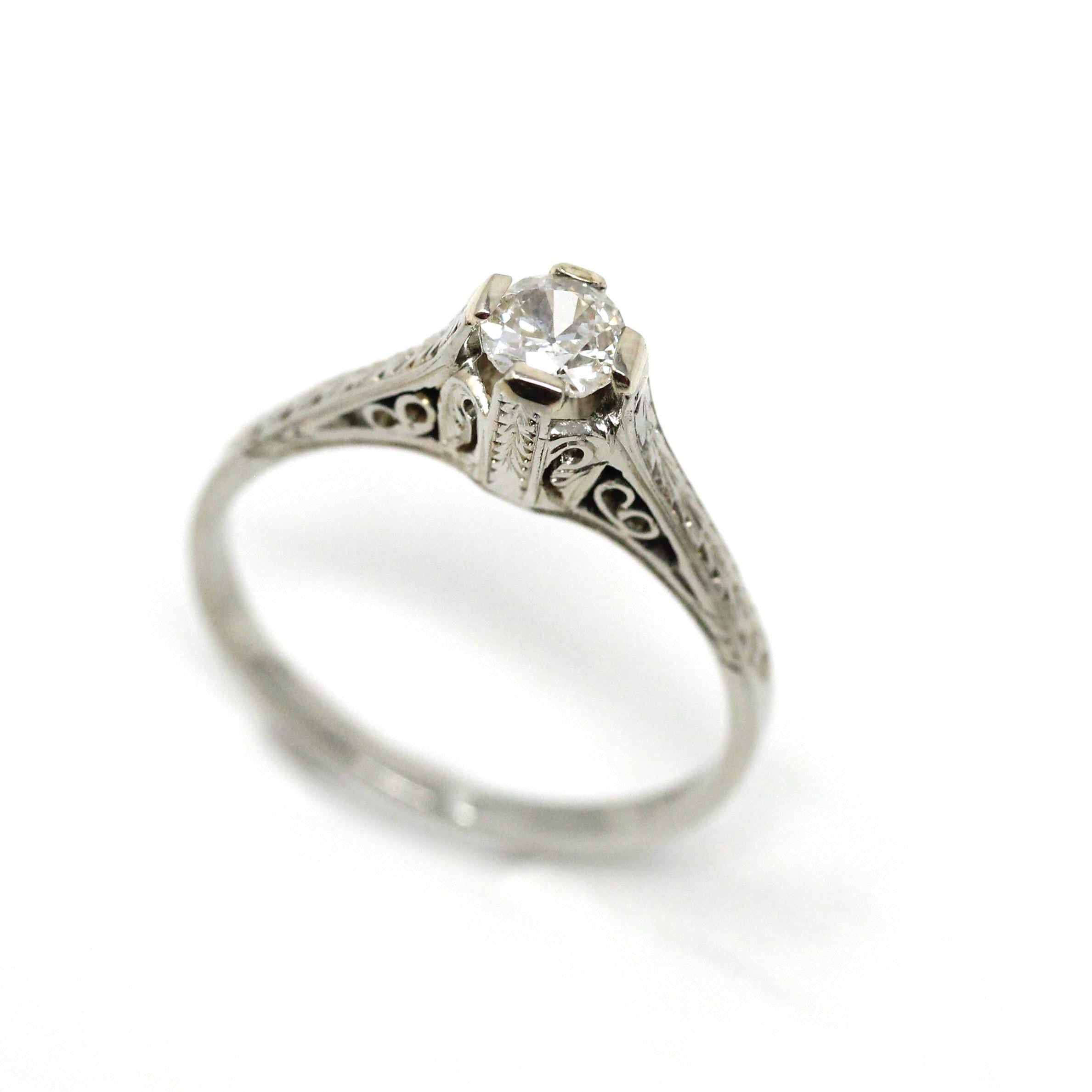 Vintage Diamond Ring - Art Deco 18k White Gold Natural Gemstone Basket Cathedral Solitaire - Circa 1930s Size 6 1/2 Filigree Fine Jewelry