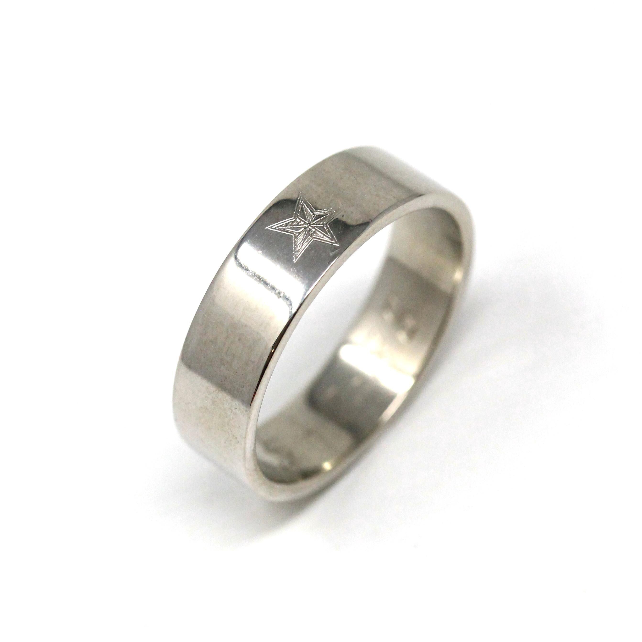 Star Wedding Band - Modern 10k White Gold Five Point Celestial Men's Unisex Bridal Ring - Estate 1988 Size 9 Engraved Polished Fine Jewelry