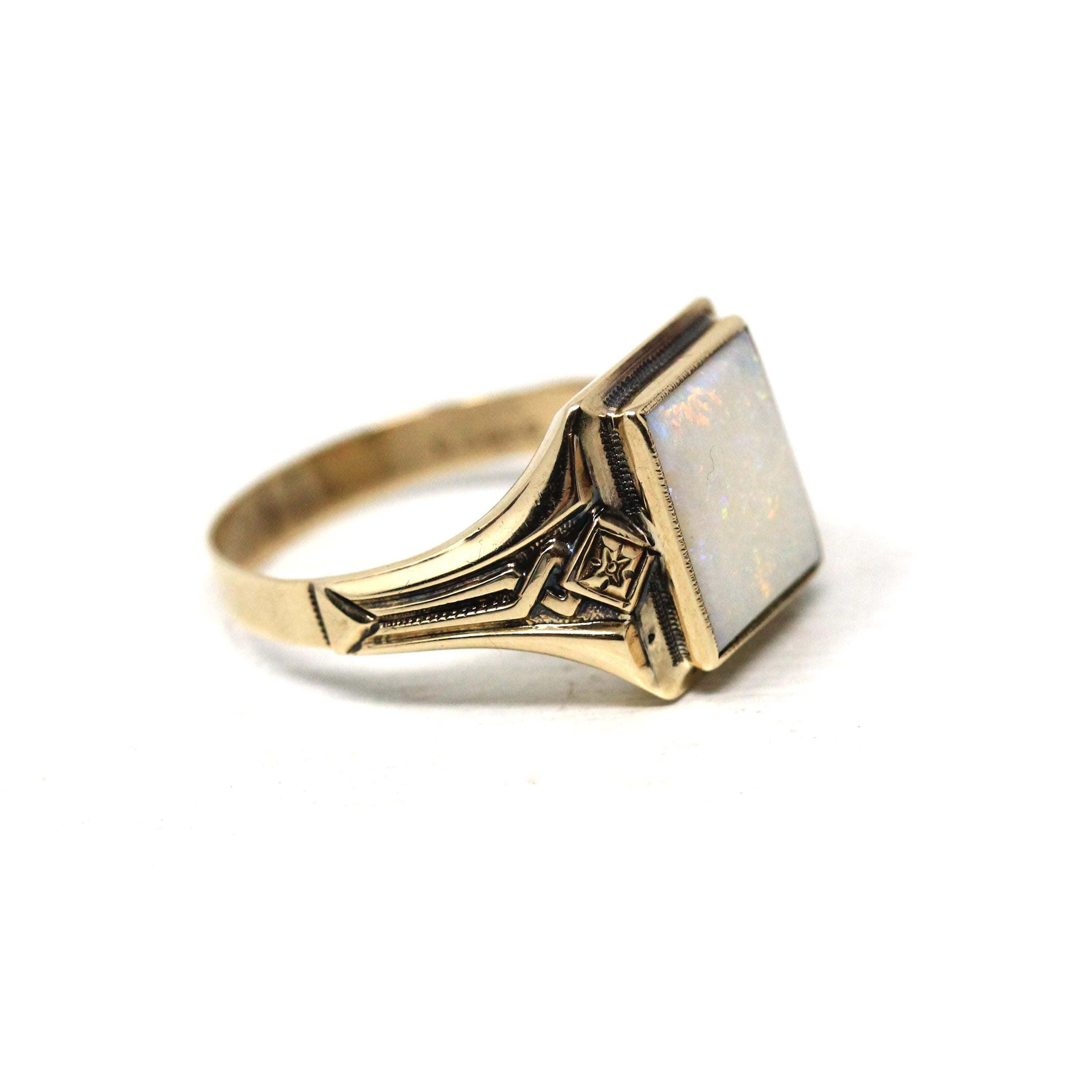 Retro Opal Ring - Vintage 10k Yellow Gold Natural Rectangular Cabochon Gemstone - Circa 1940s Size 12 Fine Unisex October Birthstone Jewelry