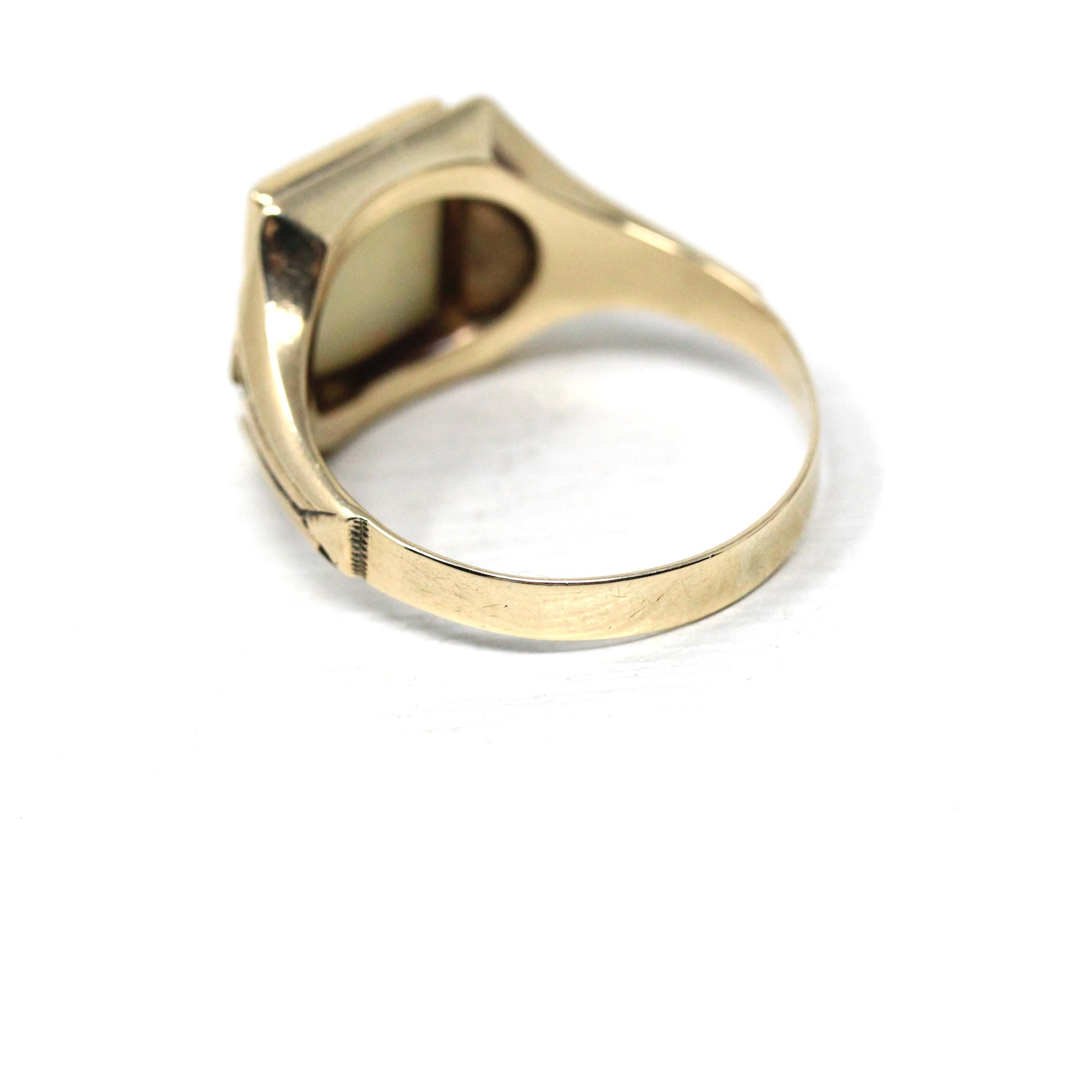 Retro Opal Ring - Vintage 10k Yellow Gold Natural Rectangular Cabochon Gemstone - Circa 1940s Size 12 Fine Unisex October Birthstone Jewelry