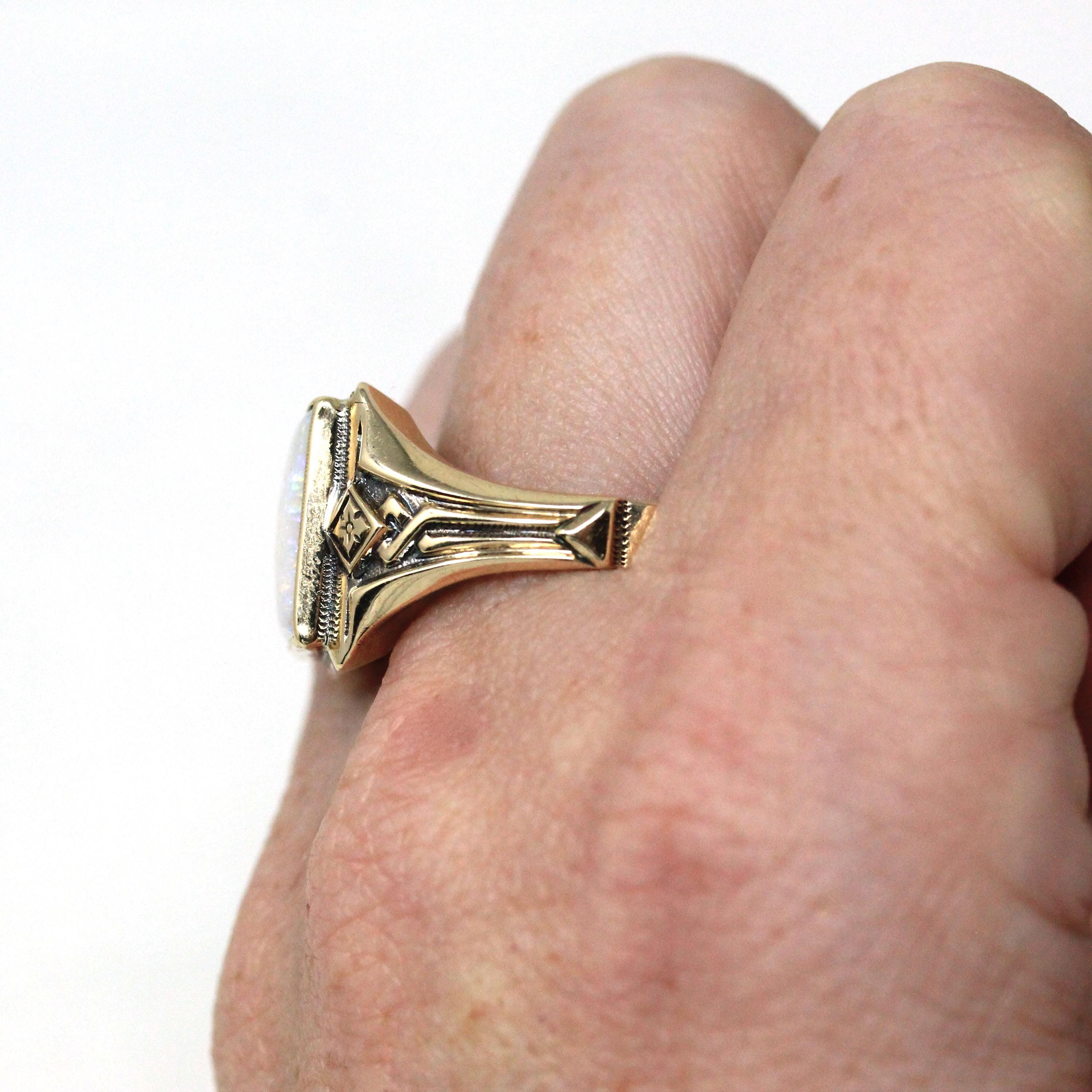 Retro Opal Ring - Vintage 10k Yellow Gold Natural Rectangular Cabochon Gemstone - Circa 1940s Size 12 Fine Unisex October Birthstone Jewelry