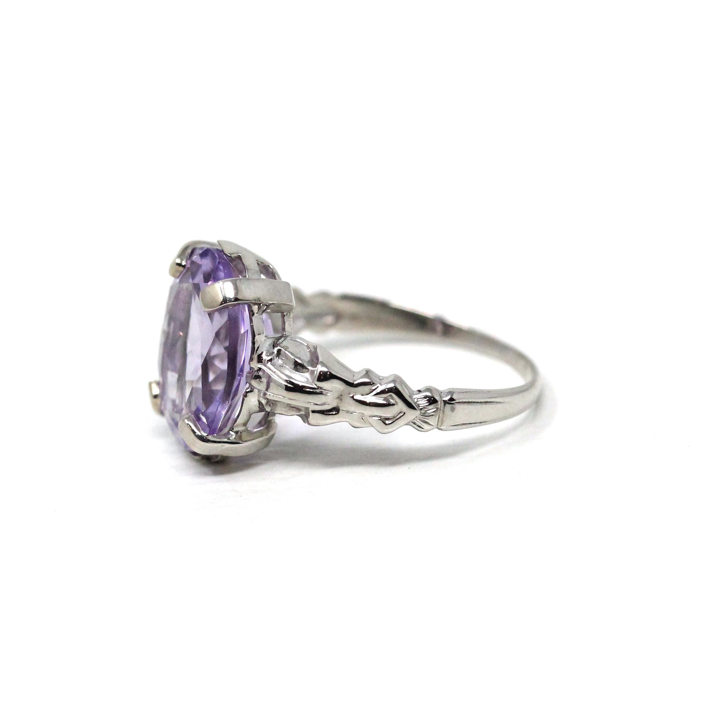 Art Deco Amethyst Ring - Vintage 14k White Gold Diamonds & Natural Purple Gemstone - Circa 1930s Size 6 1/2 February Birthstone Fine Jewelry