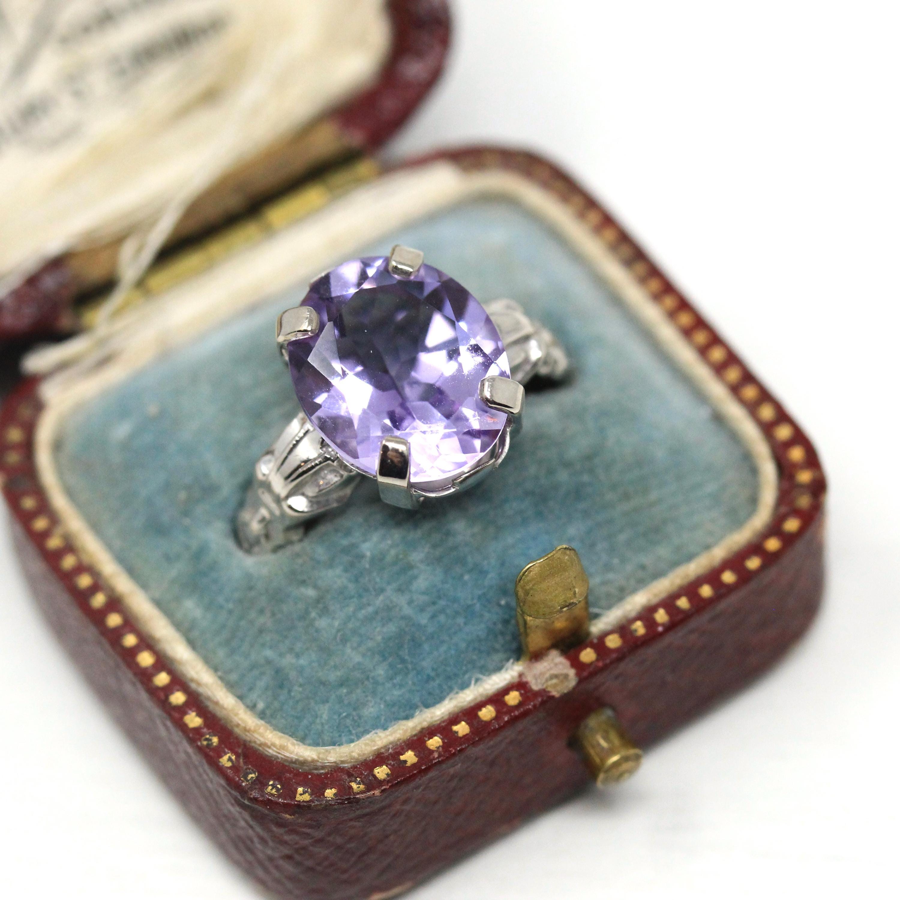 Art Deco Amethyst Ring - Vintage 14k White Gold Diamonds & Natural Purple Gemstone - Circa 1930s Size 6 1/2 February Birthstone Fine Jewelry