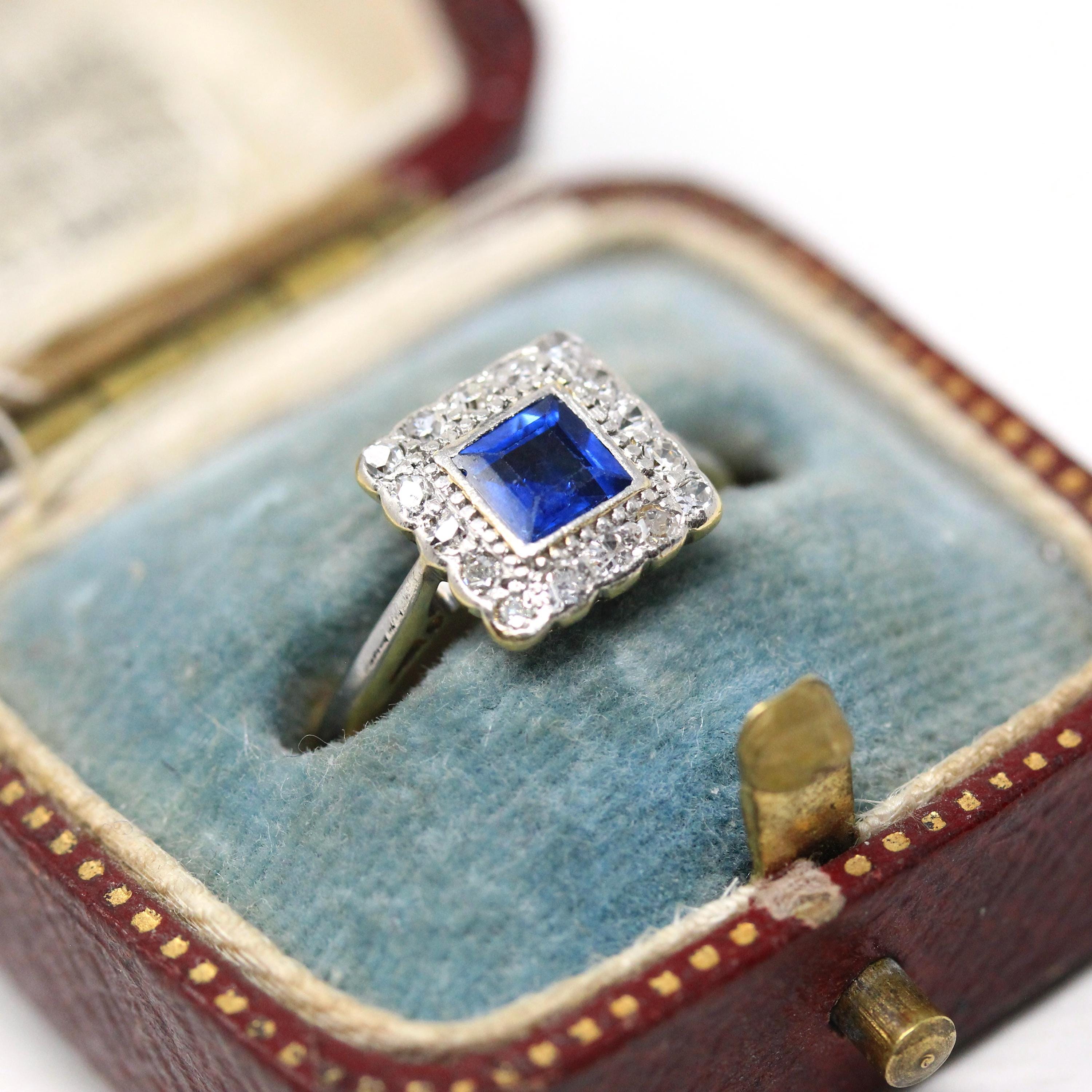 Vintage Engagement Ring - Mid Century 18k Yellow Gold & Platinum Natural Sapphire Diamond Square Halo - Size 3 1/4 Fine Engagement Jewelry