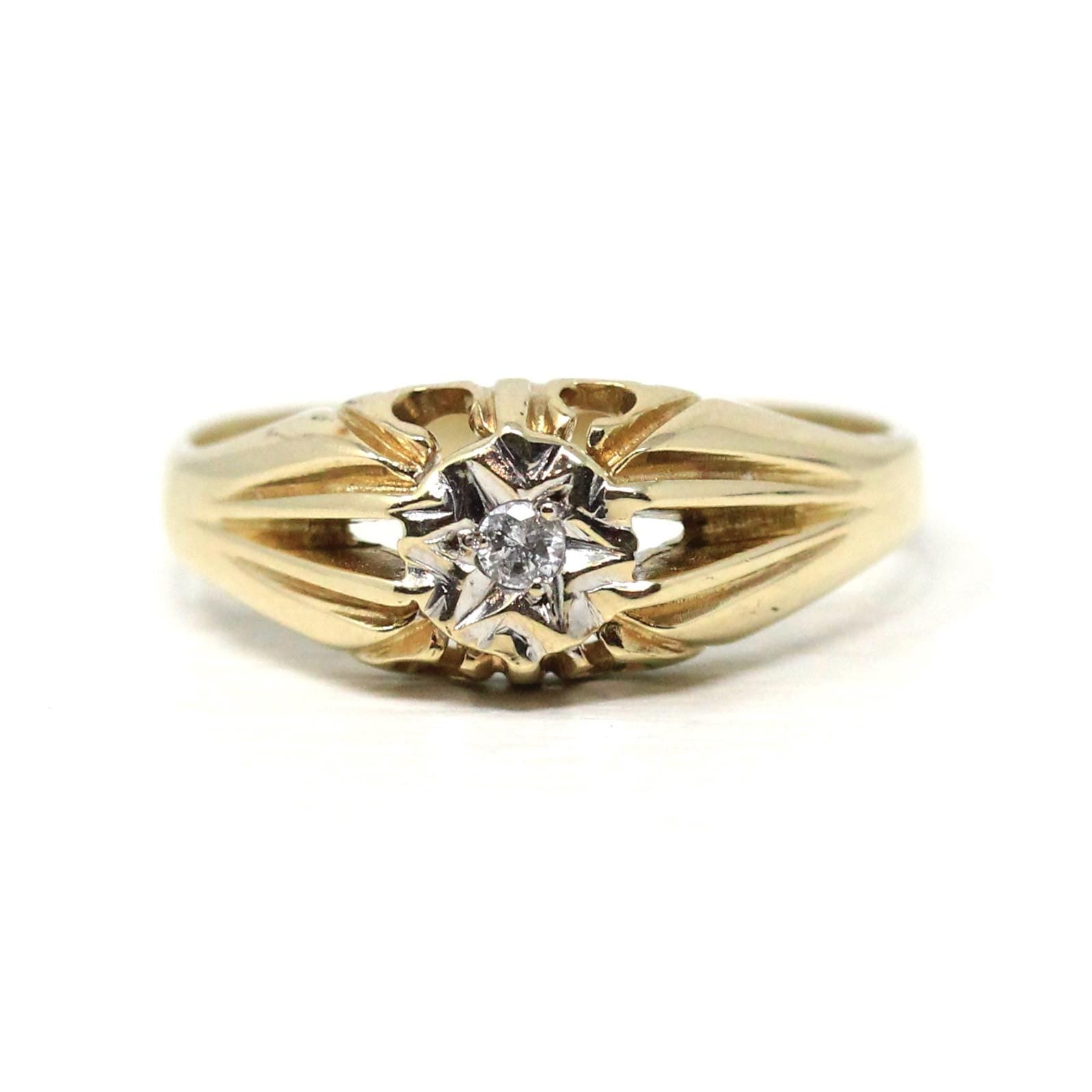 Star Diamond Ring - Modern Estate 9k Yellow Gold Natural .05 CT Gemstone Ring - Vintage Circa 1990s Size 8 Celestial Fine Bridal Jewelry