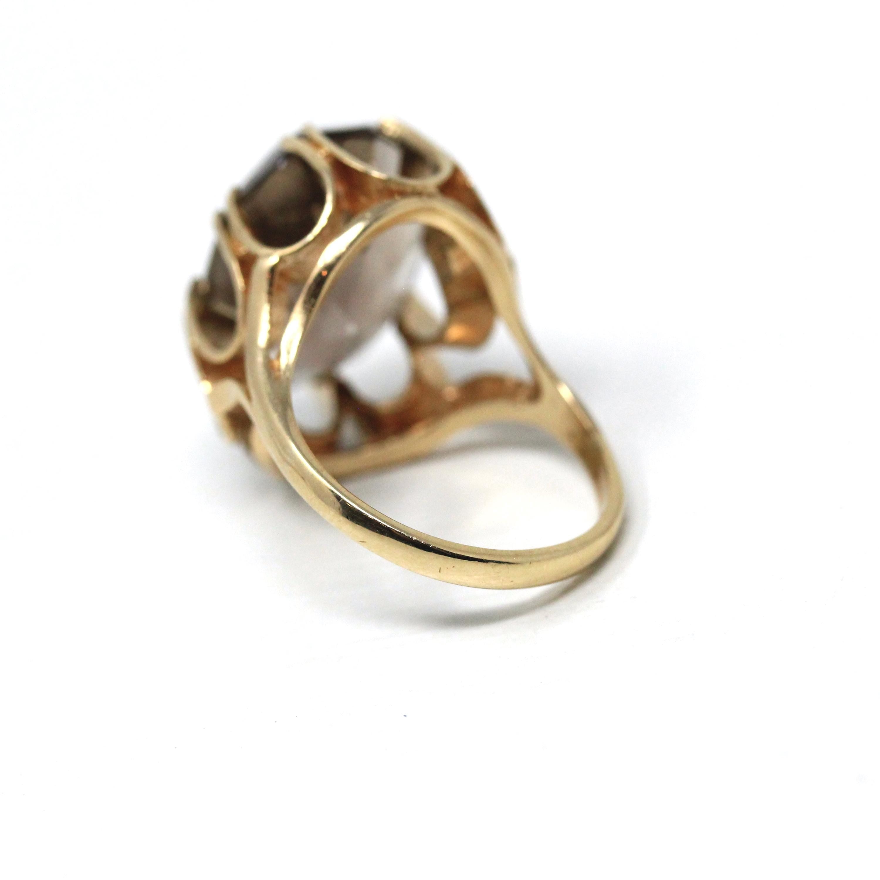 Vintage Smoky Quartz Ring - Retro 9k Yellow Gold Oval Cut Natural Brown Gemstone - Birmingham Hallmarked 1970s Era Size 7 3/4 Fine Jewelry