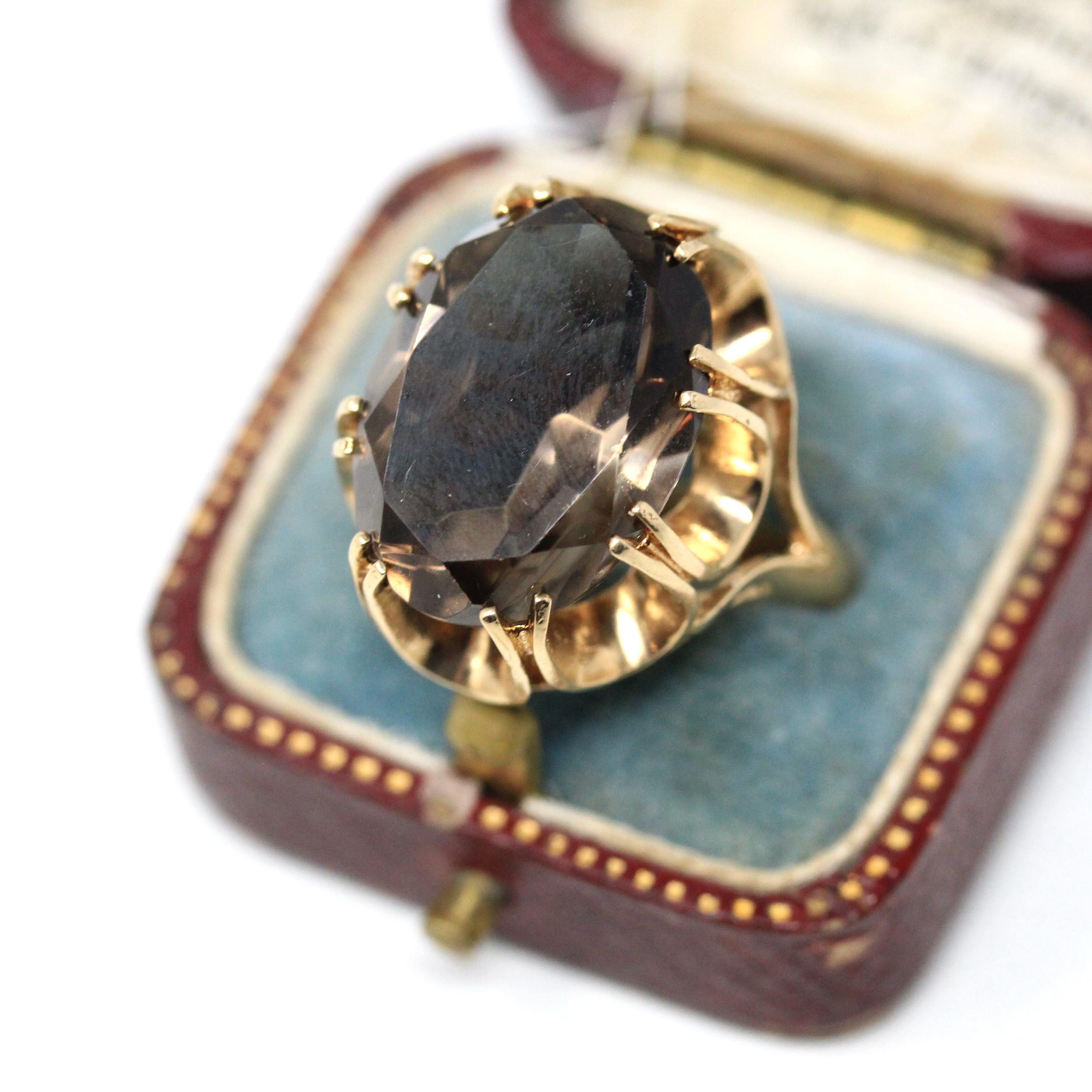 Vintage Smoky Quartz Ring - Retro 9k Yellow Gold Oval Cut Natural Brown Gemstone - Birmingham Hallmarked 1970s Era Size 7 3/4 Fine Jewelry