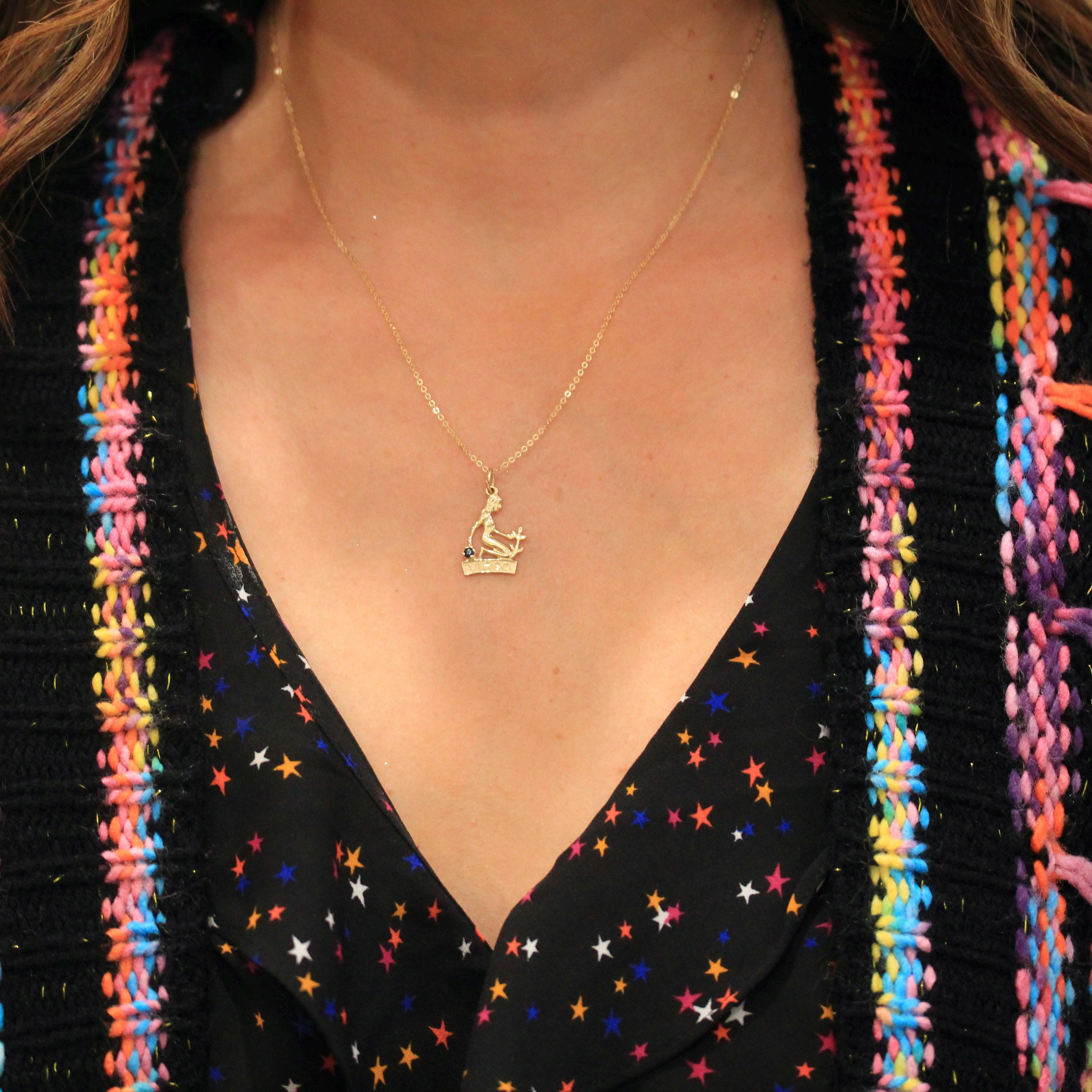 Estate Virgo Necklace - Modern 14k Yellow Gold Maiden Astrological Sign Charm Pendant - Circa 2000's Zodiac Celestial Earth Element Jewelry