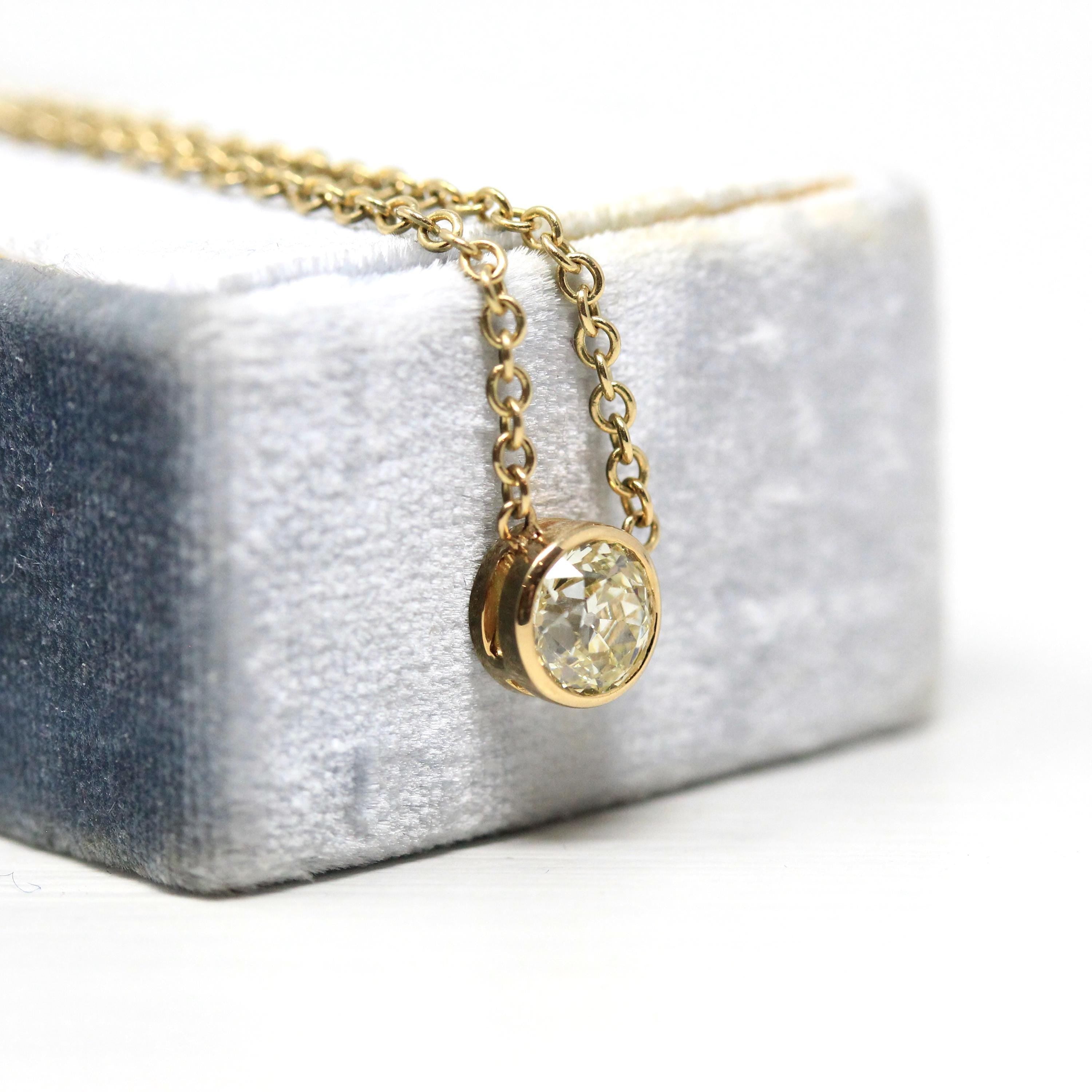 Dainty Diamond Necklace - Modern 14k Yellow Gold .68 CT Natural Diamond Bezel - Antique Old European Cut Gemstone Fine Minimalist Jewelry