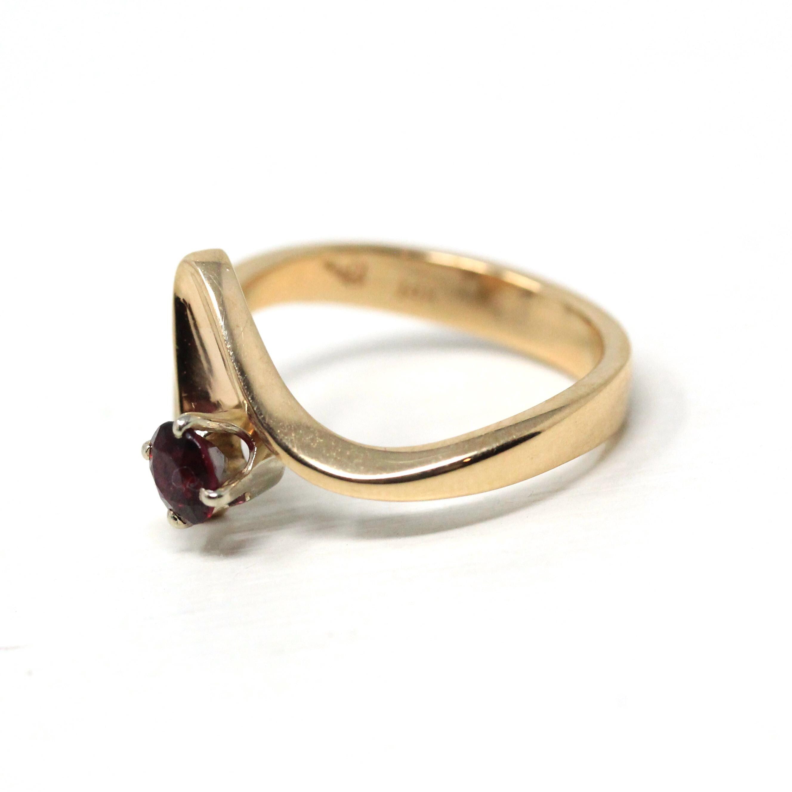 Vintage Garnet Ring - Retro 14k Yellow Gold Round Cut Red Gem Asymmetrical - 1970s Era Size 6 1/2 January Birthstone Fine Statement Jewelry
