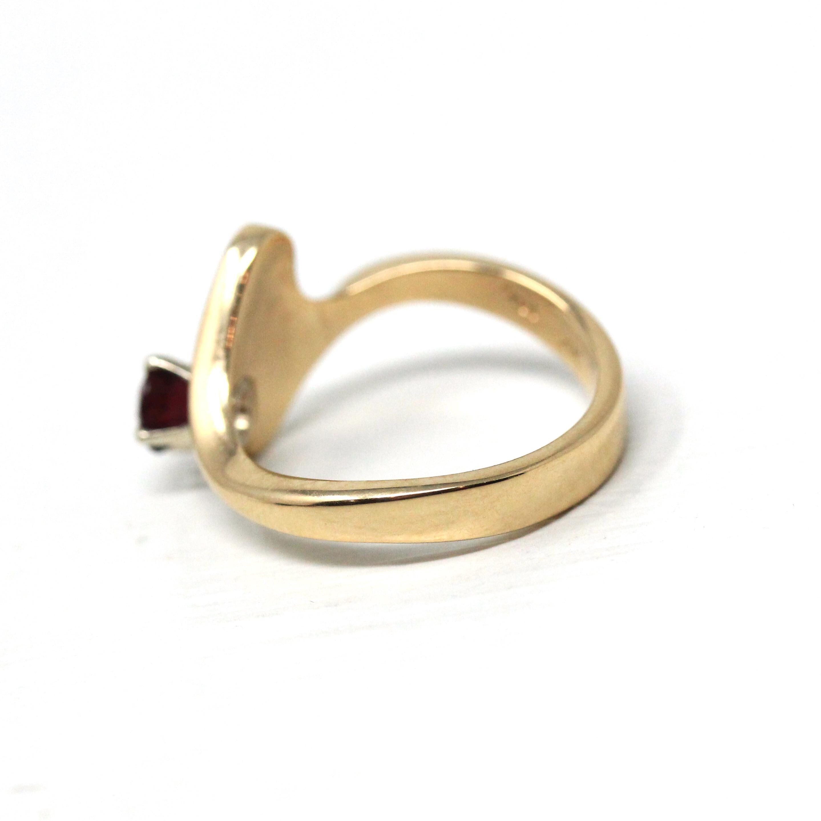 Vintage Garnet Ring - Retro 14k Yellow Gold Round Cut Red Gem Asymmetrical - 1970s Era Size 6 1/2 January Birthstone Fine Statement Jewelry