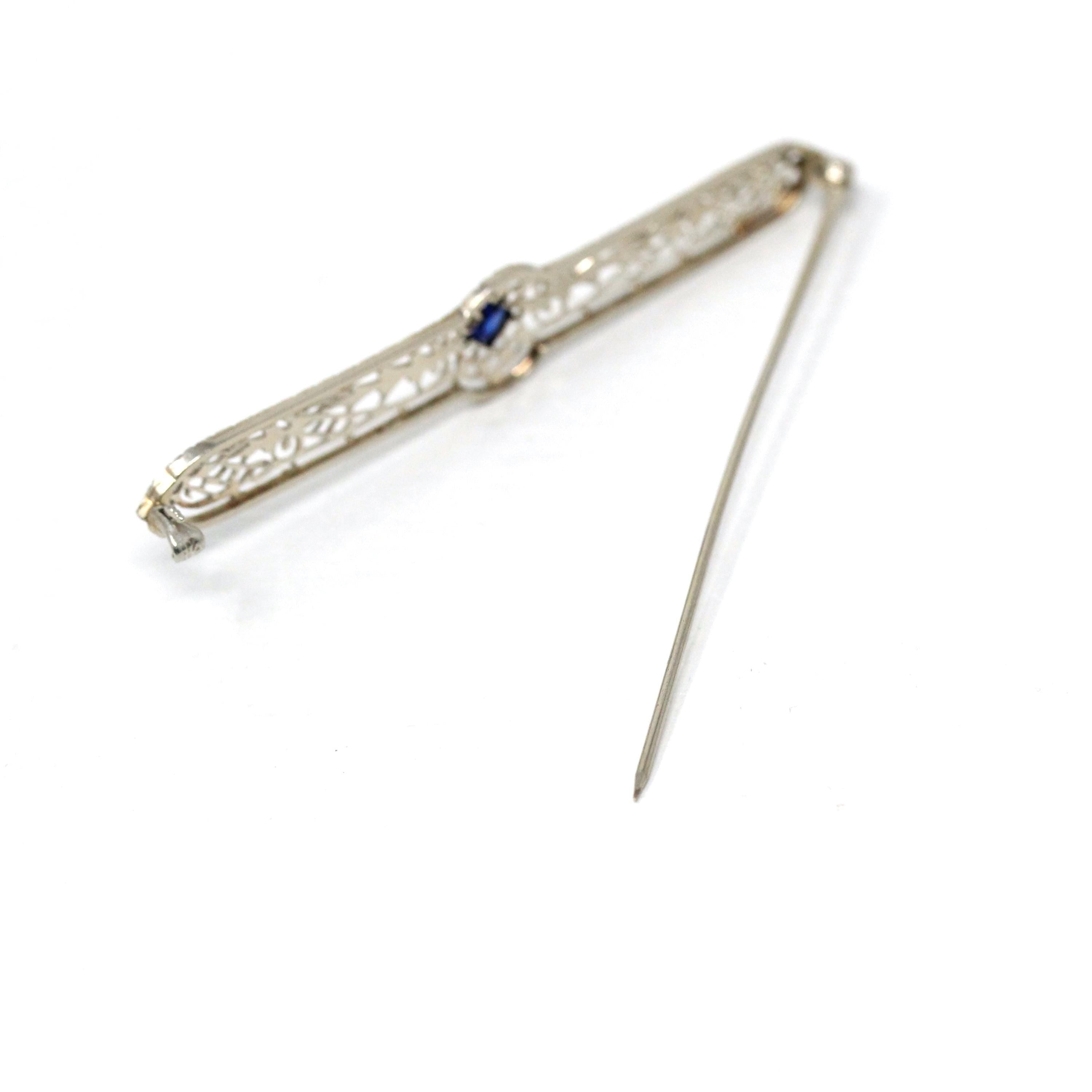 Art Deco Brooch - Vintage 10k White Gold Created Blue Sapphire Stone Pin - Circa 1930s Era Filigree Fashion Accessory Fine Jewelry