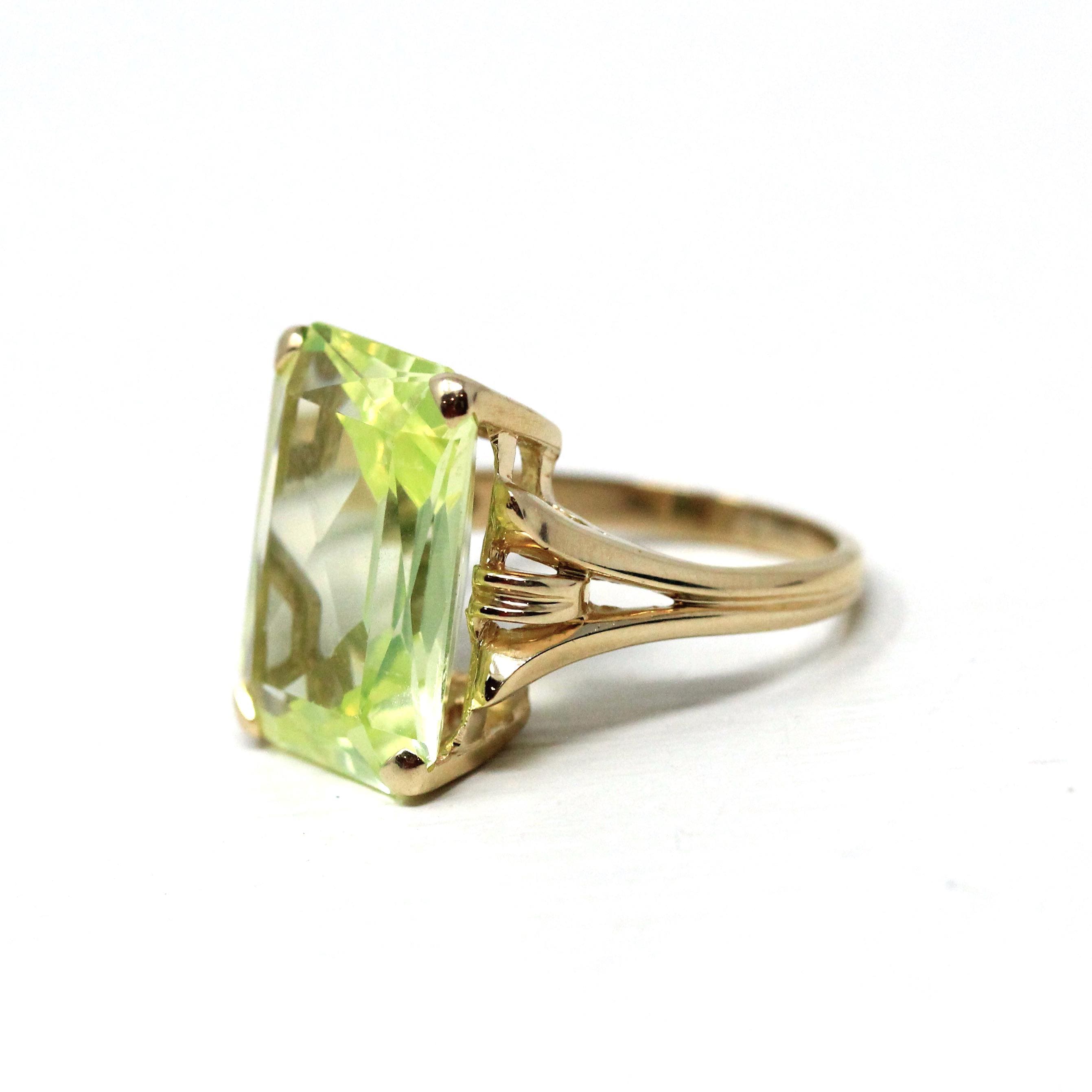 Created Spinel Ring - Retro 14k Yellow Gold Emerald Cut Light Green Stone - Vintage Circa 1960s Era Size 4 1/2 Fine Statement 60s Jewelry