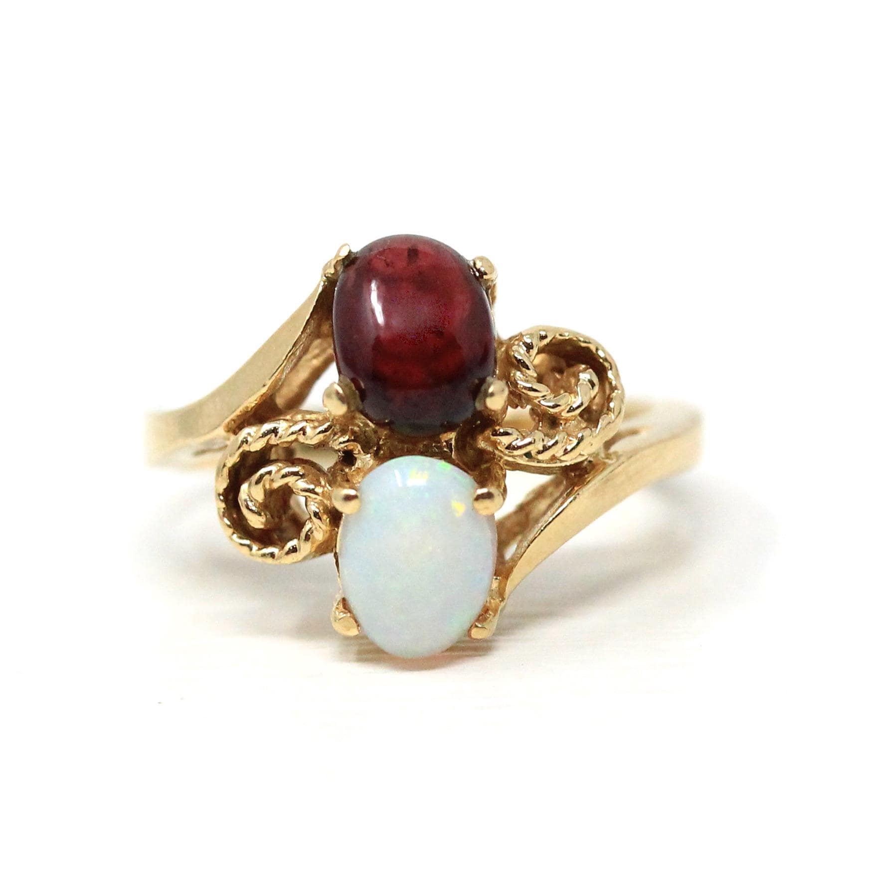 Toi Et Moi Ring - Modern Estate 14k Yellow Gold Natural Garnet and Opal - Circa 2000s Size 4 1/2 Fine January October Birthstone Jewelry