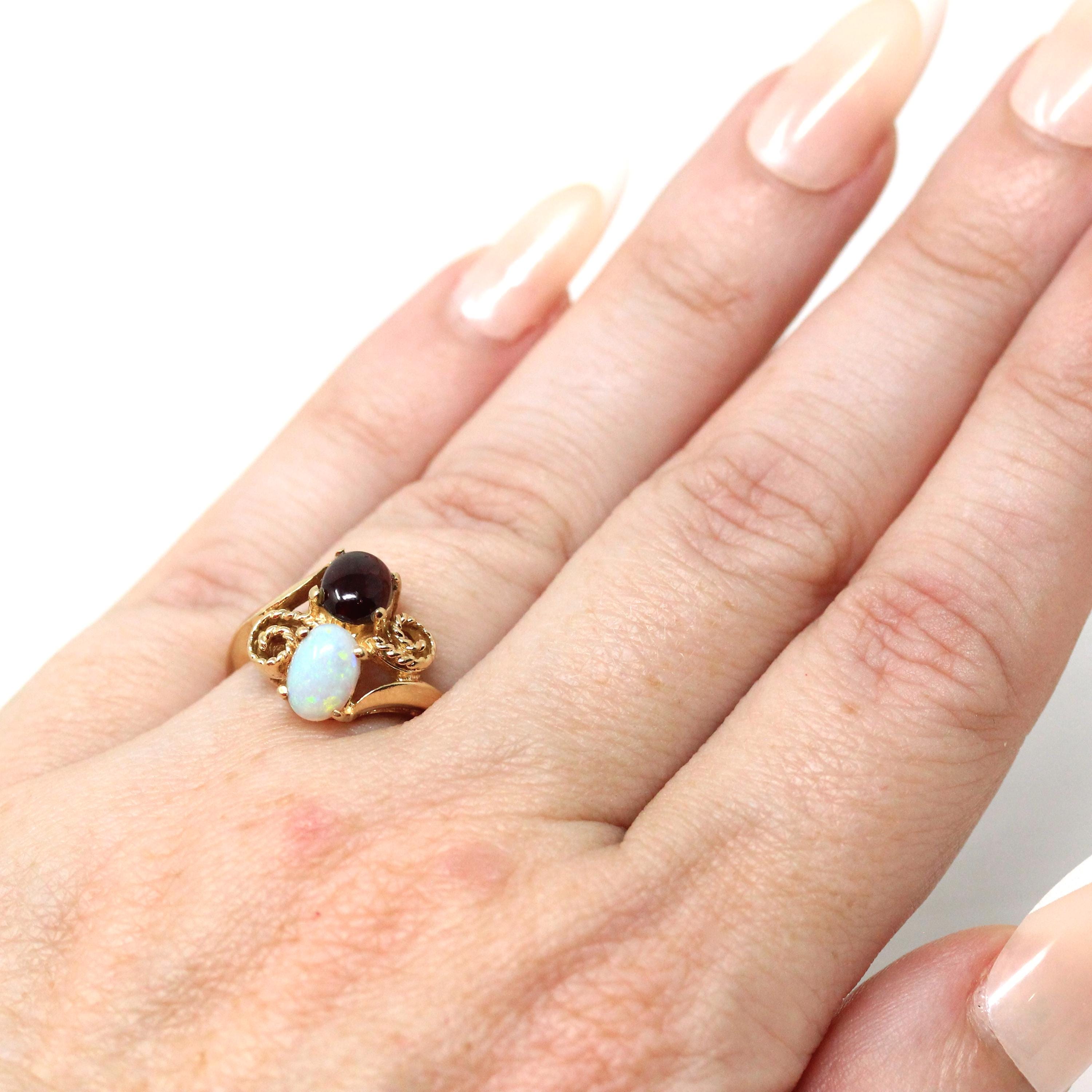 Toi Et Moi Ring - Modern Estate 14k Yellow Gold Natural Garnet and Opal - Circa 2000s Size 4 1/2 Fine January October Birthstone Jewelry