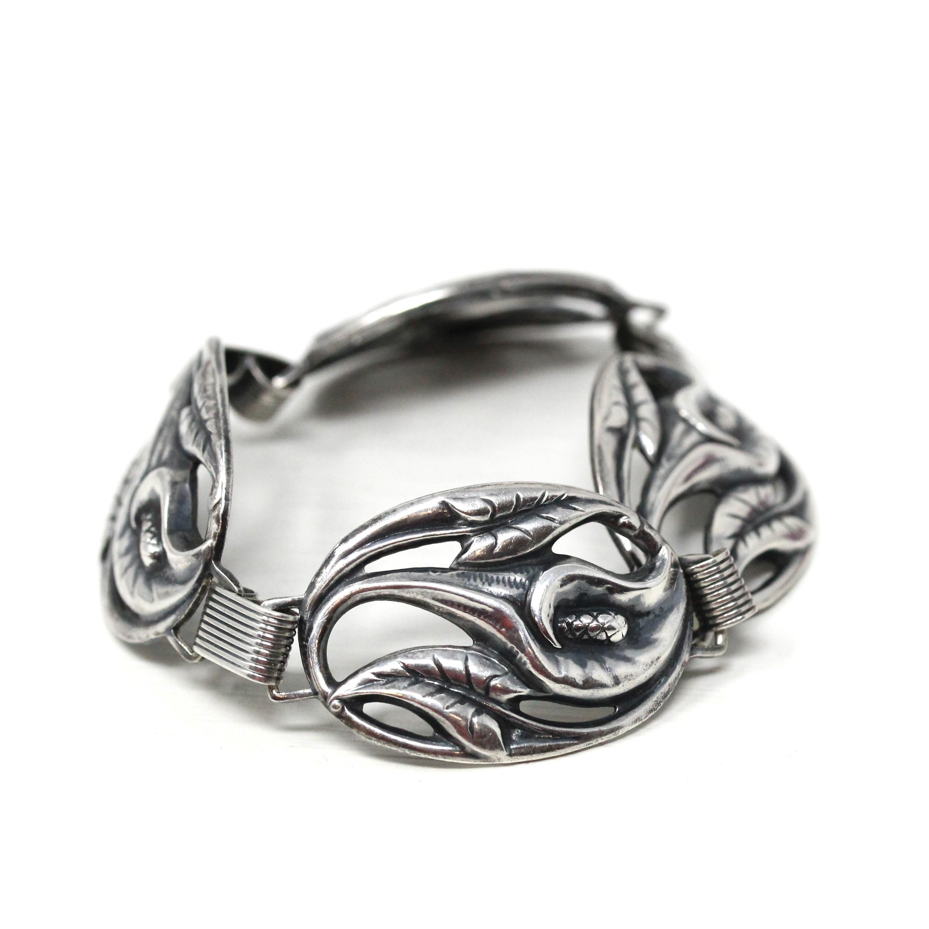 Vintage Flower Bracelet - Retro Sterling Silver Floral Nature Inspired Statement - Circa 1940s Era Calla Lily Signed Danecraft 40s Jewelry