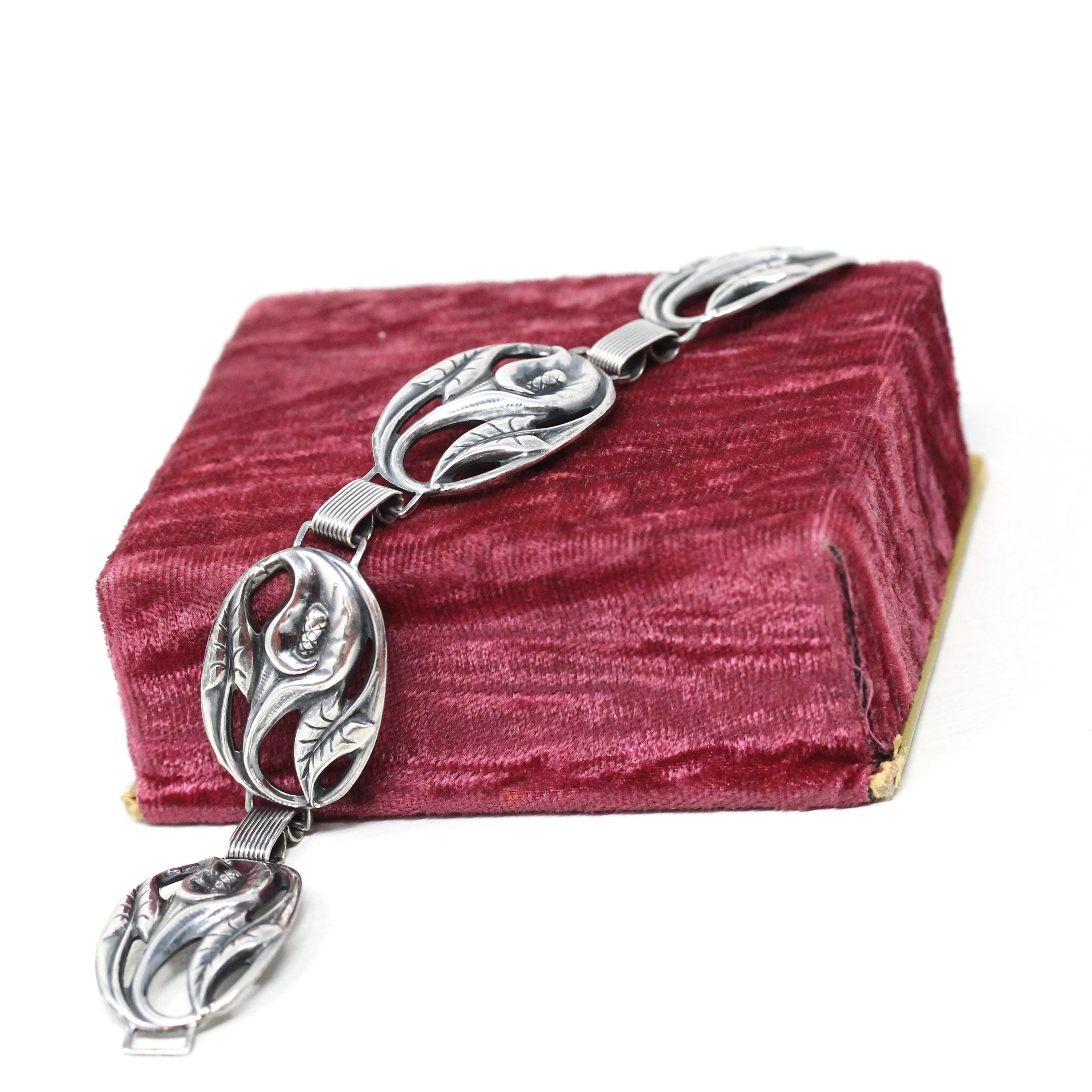 Vintage Flower Bracelet - Retro Sterling Silver Floral Nature Inspired Statement - Circa 1940s Era Calla Lily Signed Danecraft 40s Jewelry