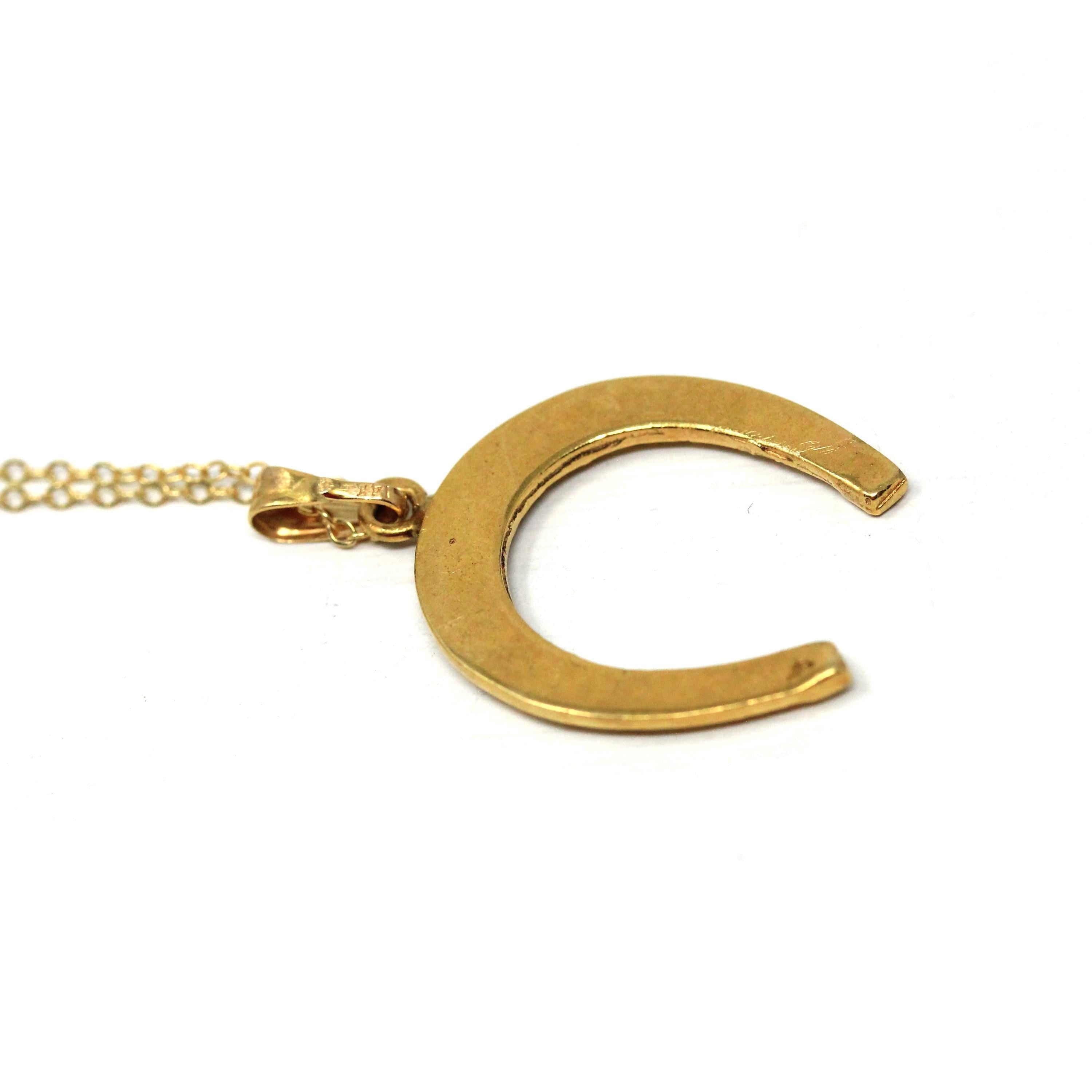 Estate Horseshoe Pendant - Modern 18k Yellow Gold Nail Studded Necklace Charm - Circa 2000's Era Good Luck Equestrian Horse Fine Jewelry