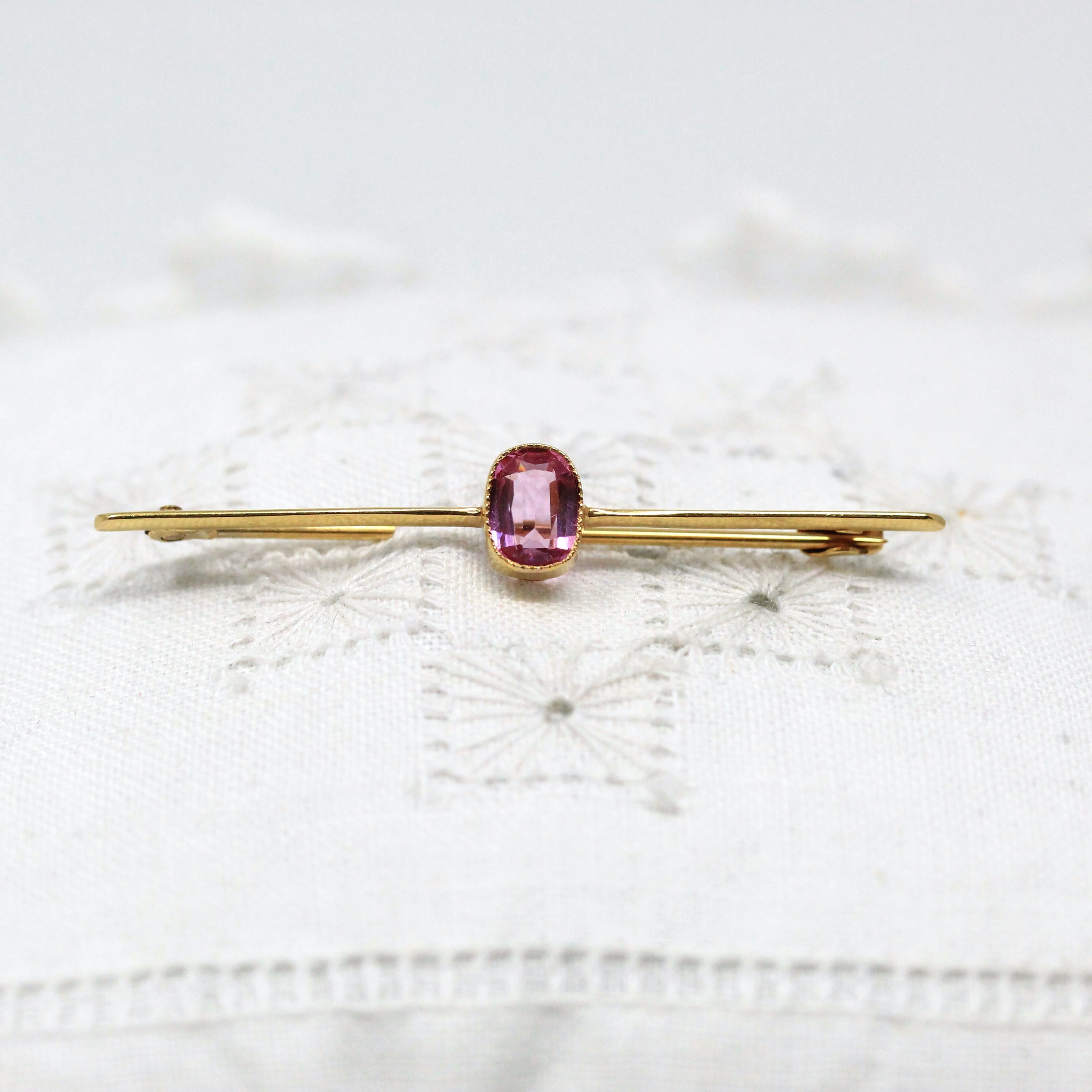Simulated Pink Sapphire Brooch - Edwardian 9CT Yellow Gold Statement Pink Glass Bar Pin - Antique Circa 1910s Fashion Accessory Fine Jewelry