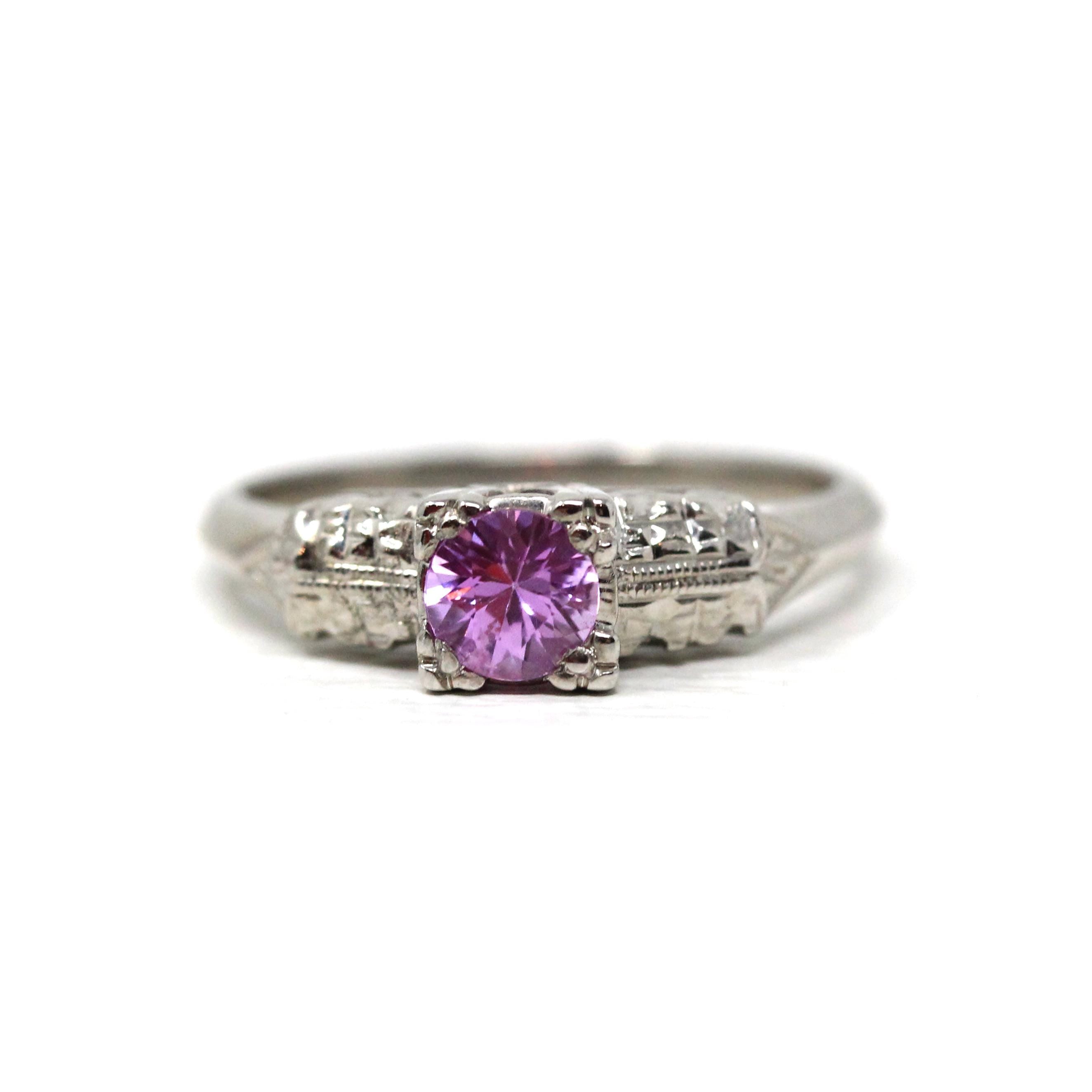 Pink Sapphire Ring - Mid Century 14k White Gold Natural Gemstone Square Setting - Vintage 1950s Size 6 Floral Fine 50s Engagement Jewelry
