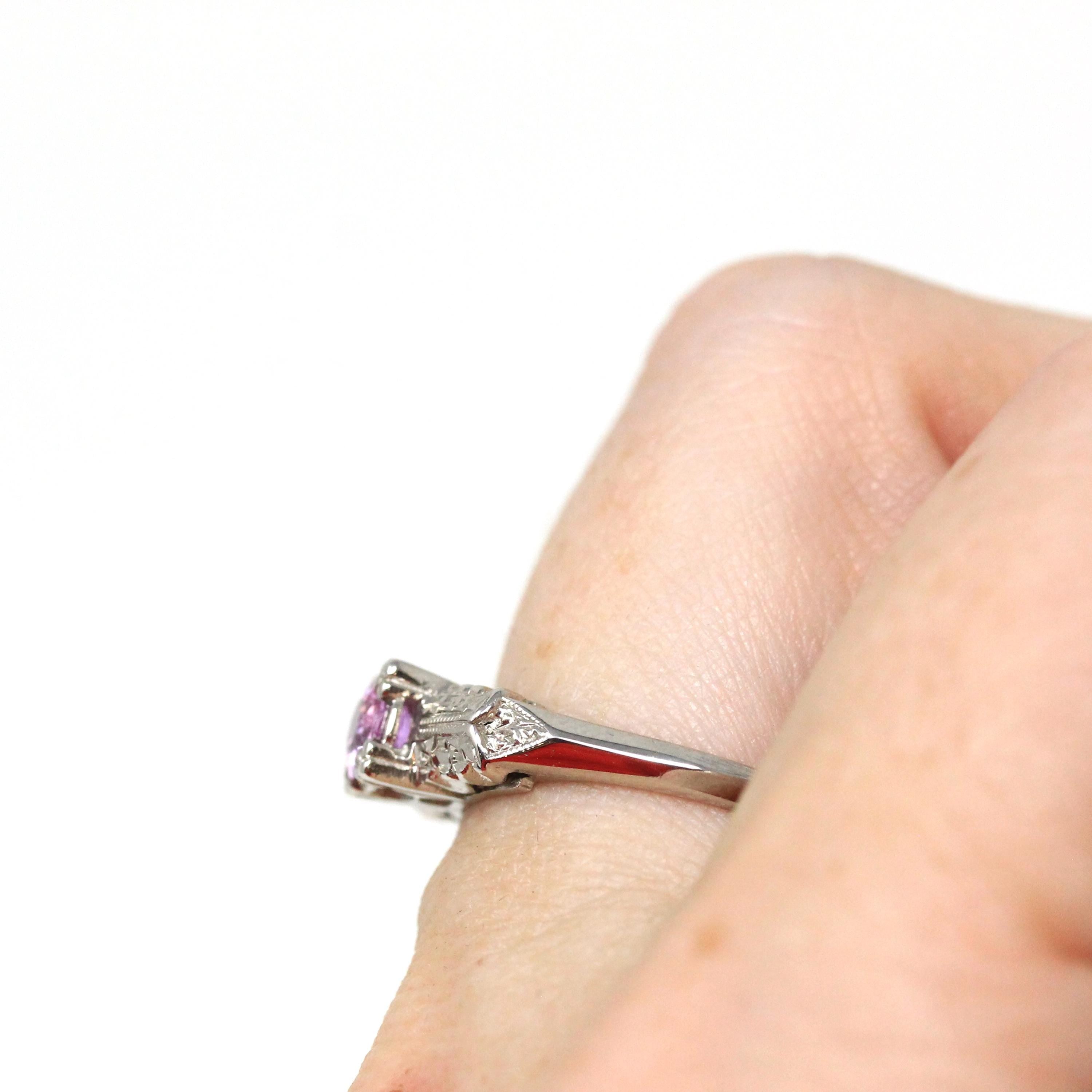 Pink Sapphire Ring - Mid Century 14k White Gold Natural Gemstone Square Setting - Vintage 1950s Size 6 Floral Fine 50s Engagement Jewelry
