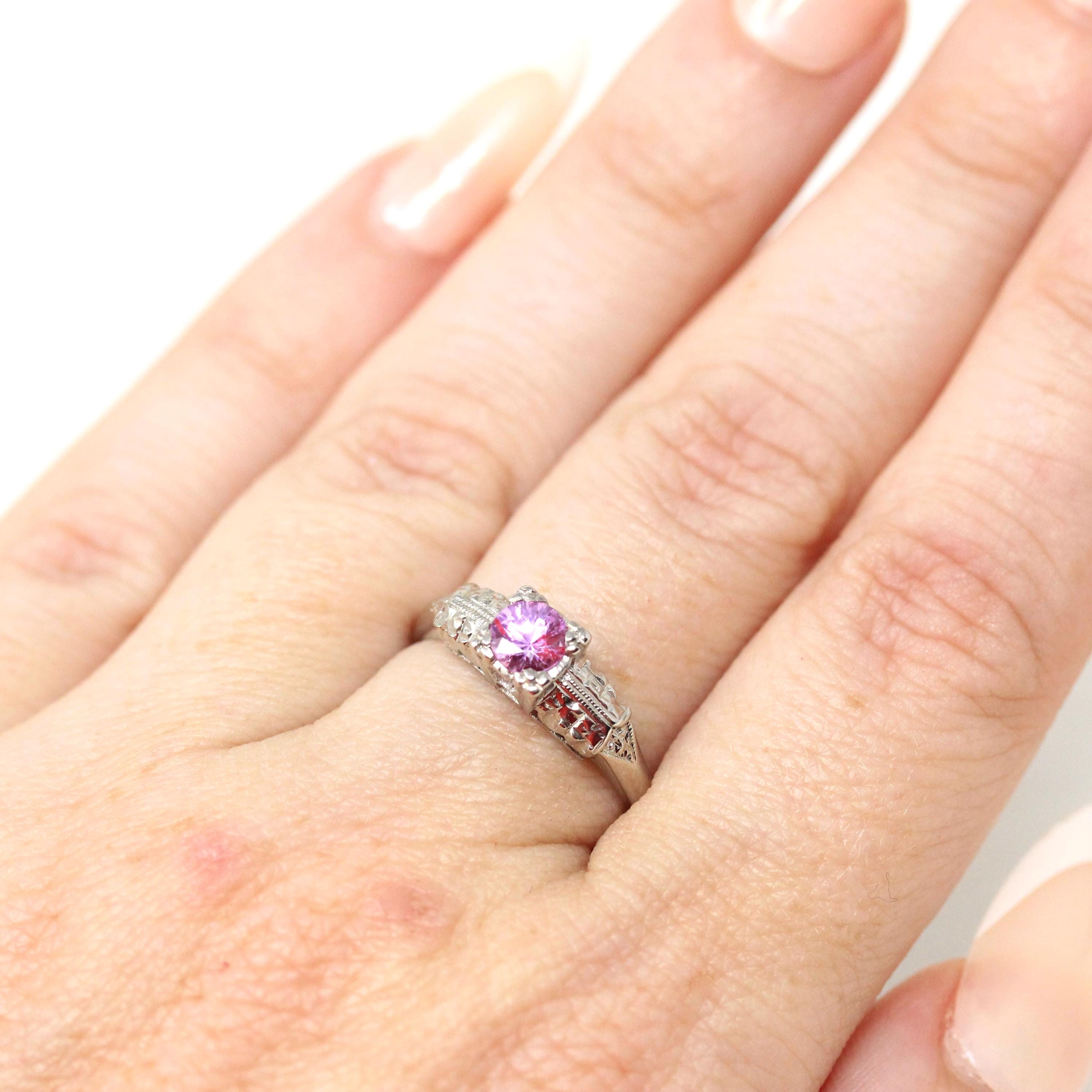 Pink Sapphire Ring - Mid Century 14k White Gold Natural Gemstone Square Setting - Vintage 1950s Size 6 Floral Fine 50s Engagement Jewelry