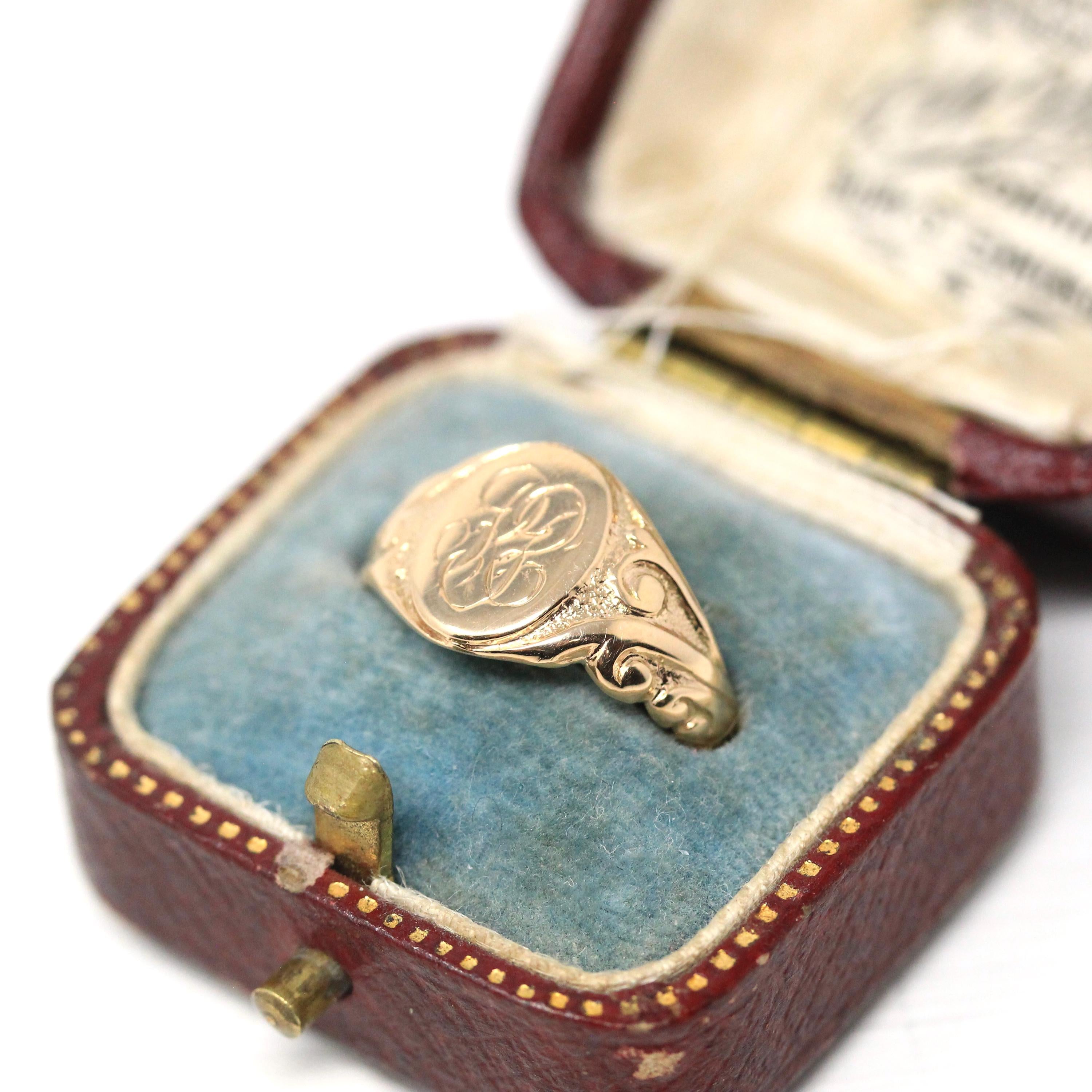 Edwardian Signet Ring - Antique 10k Rosy Yellow Gold RP Engraved Monogram Initials - Art Nouveau 1910s Era Size 4 1/2 Fine Scroll Jewelry