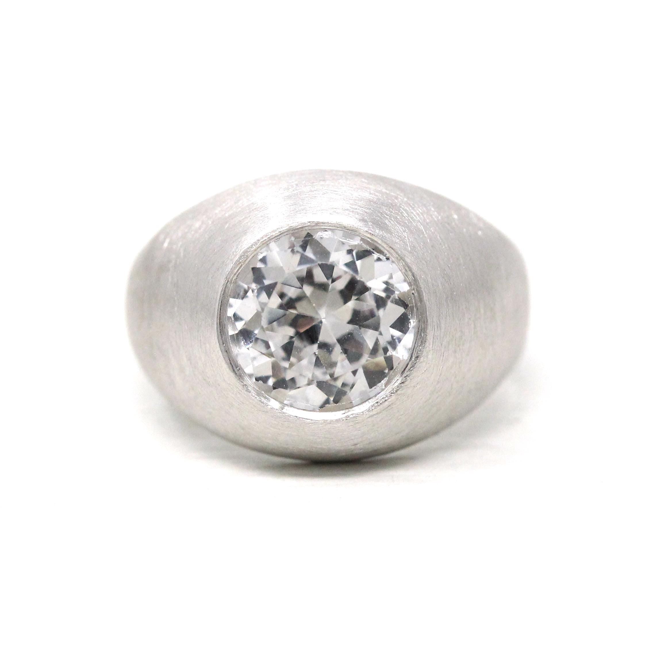 Created White Spinel Ring - Retro 10k White Gold Chunky Statement - Vintage 1960s Era Size 4 1/2 Men's Unisex Brushed Finish Fine Jewelry