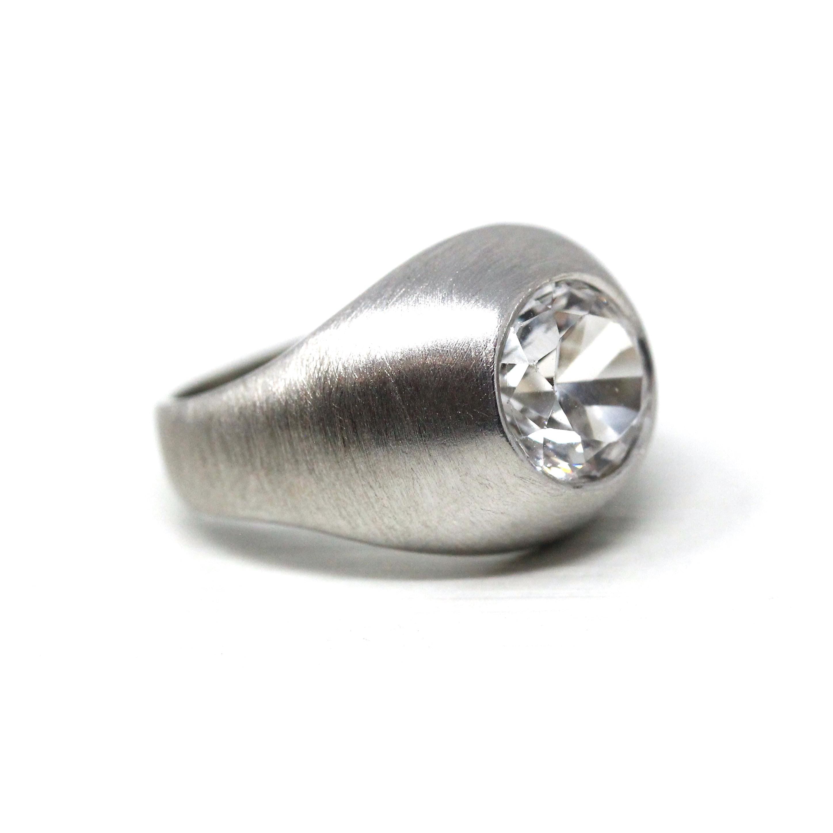 Created White Spinel Ring - Retro 10k White Gold Chunky Statement - Vintage 1960s Era Size 4 1/2 Men's Unisex Brushed Finish Fine Jewelry