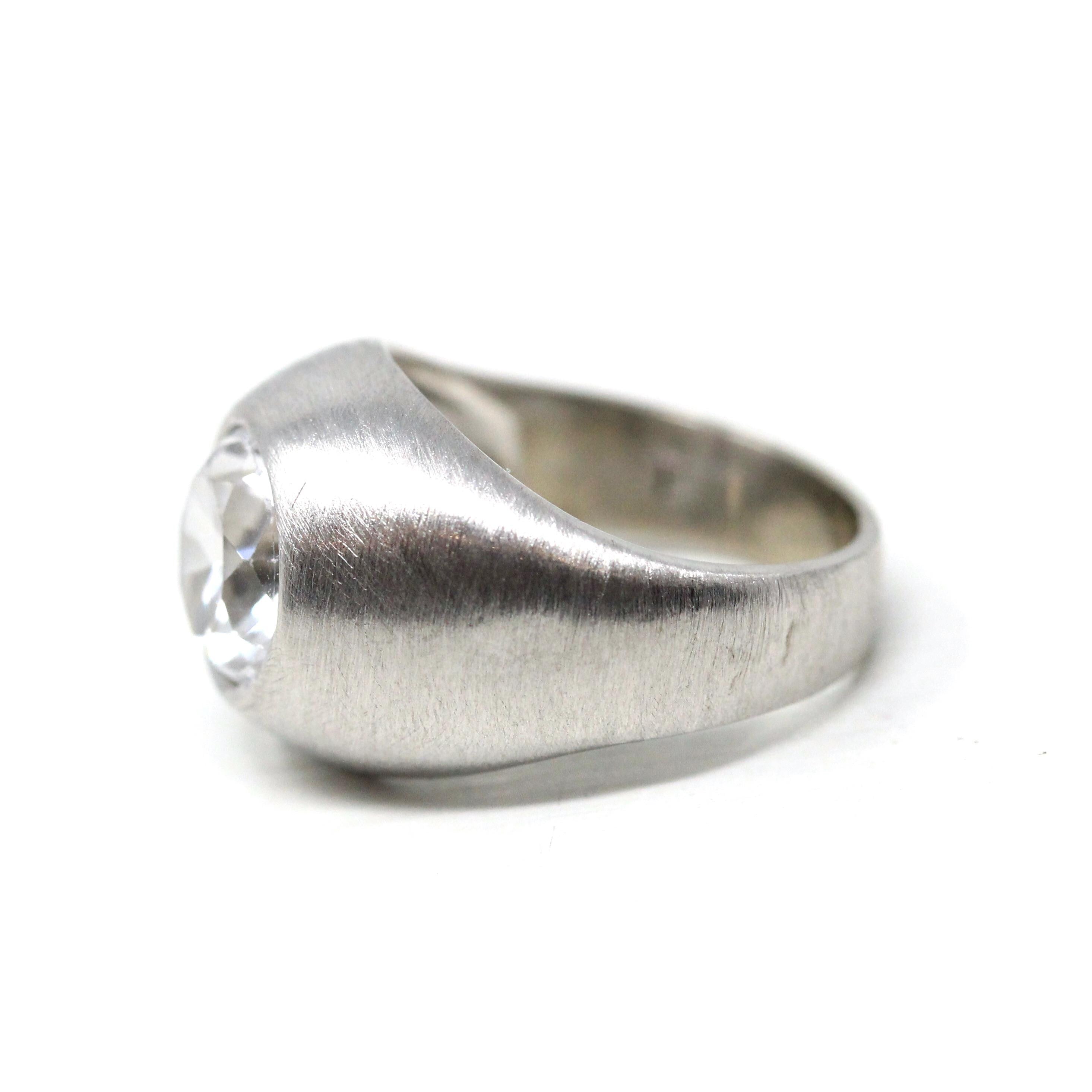 Created White Spinel Ring - Retro 10k White Gold Chunky Statement - Vintage 1960s Era Size 4 1/2 Men's Unisex Brushed Finish Fine Jewelry
