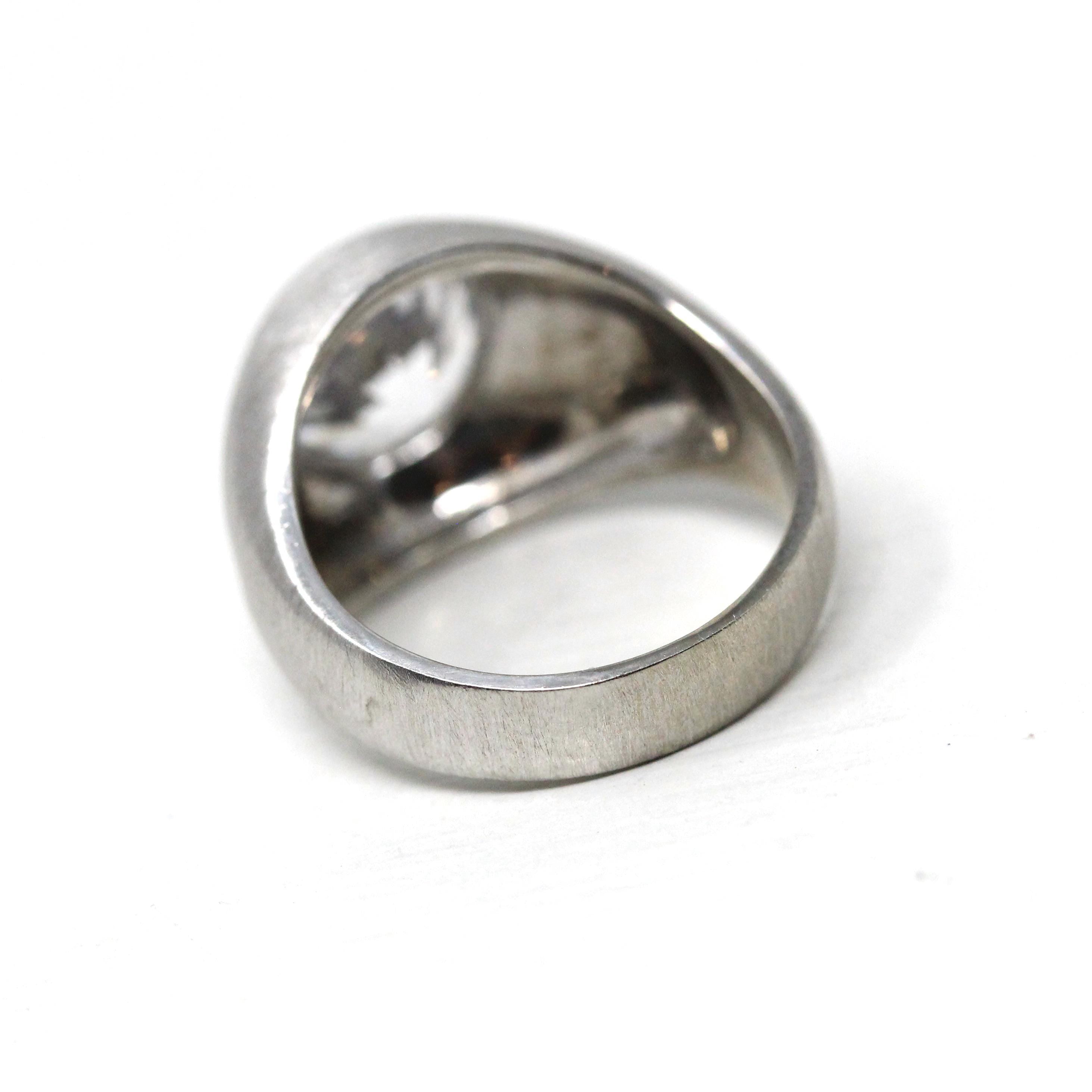 Created White Spinel Ring - Retro 10k White Gold Chunky Statement - Vintage 1960s Era Size 4 1/2 Men's Unisex Brushed Finish Fine Jewelry