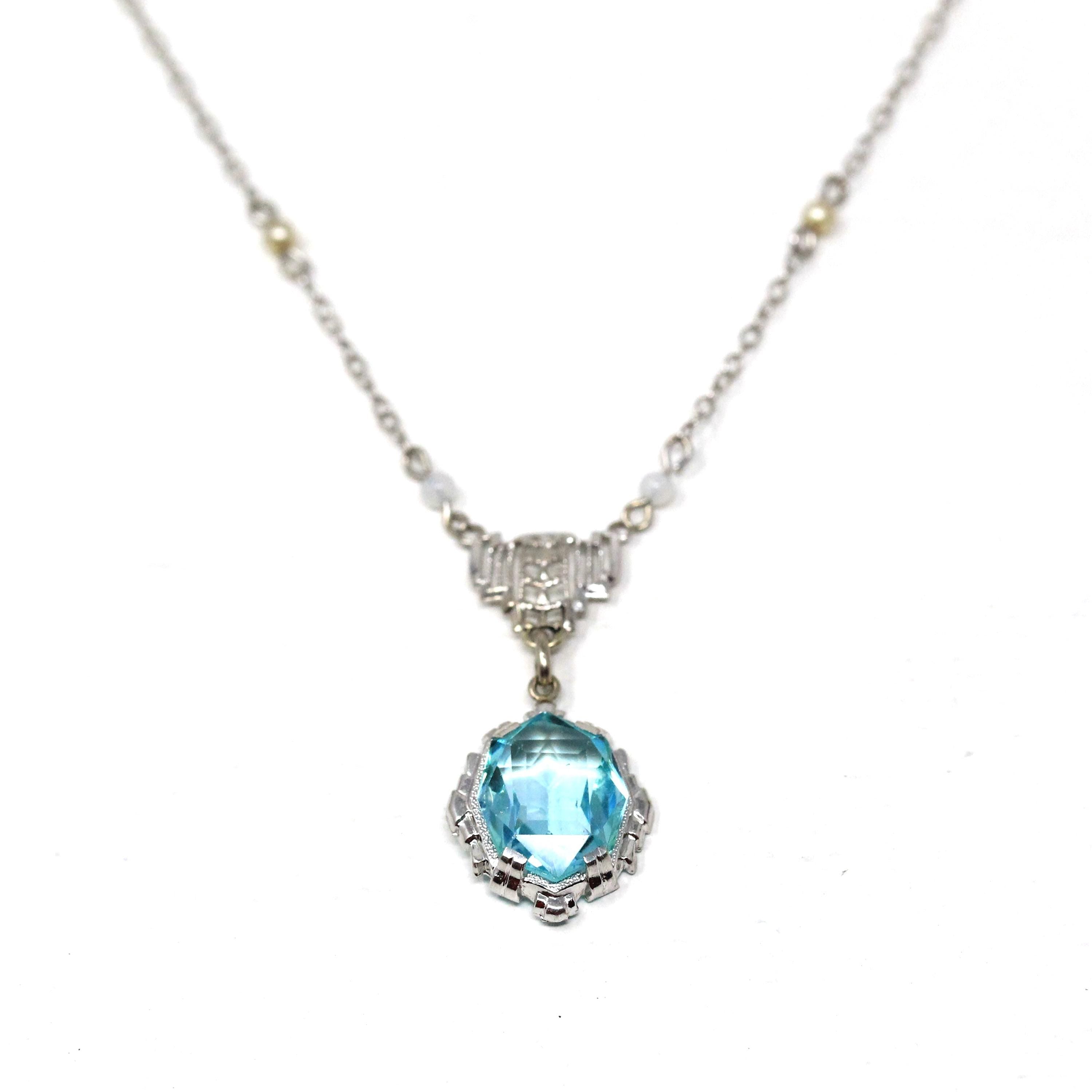 Art Deco Lavalier - Vintage 10k White Gold Simulated Aquamarine Blue Glass Necklace - Circa 1930s Era Simulated Seed Pearls 30s Fine Jewelry