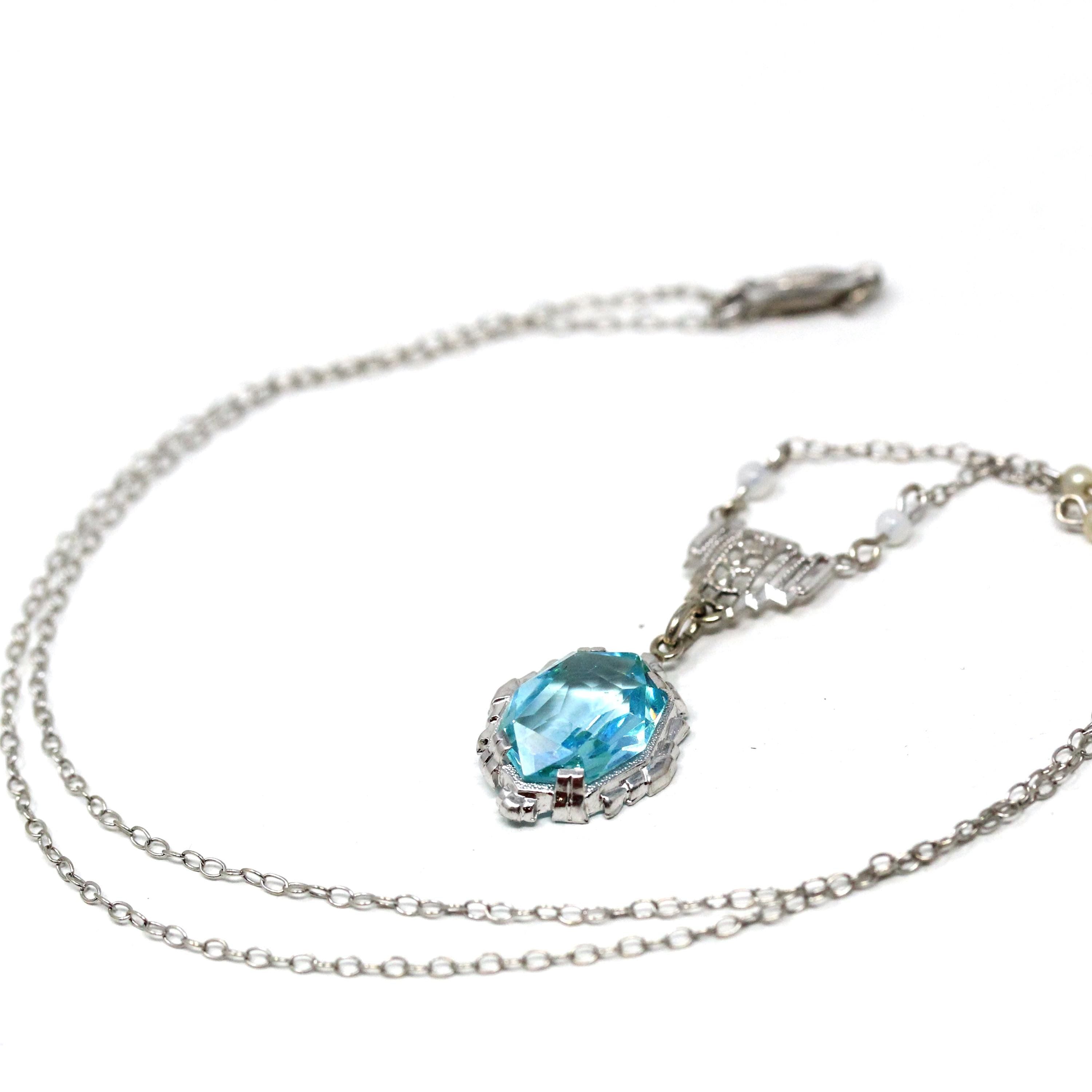 Art Deco Lavalier - Vintage 10k White Gold Simulated Aquamarine Blue Glass Necklace - Circa 1930s Era Simulated Seed Pearls 30s Fine Jewelry