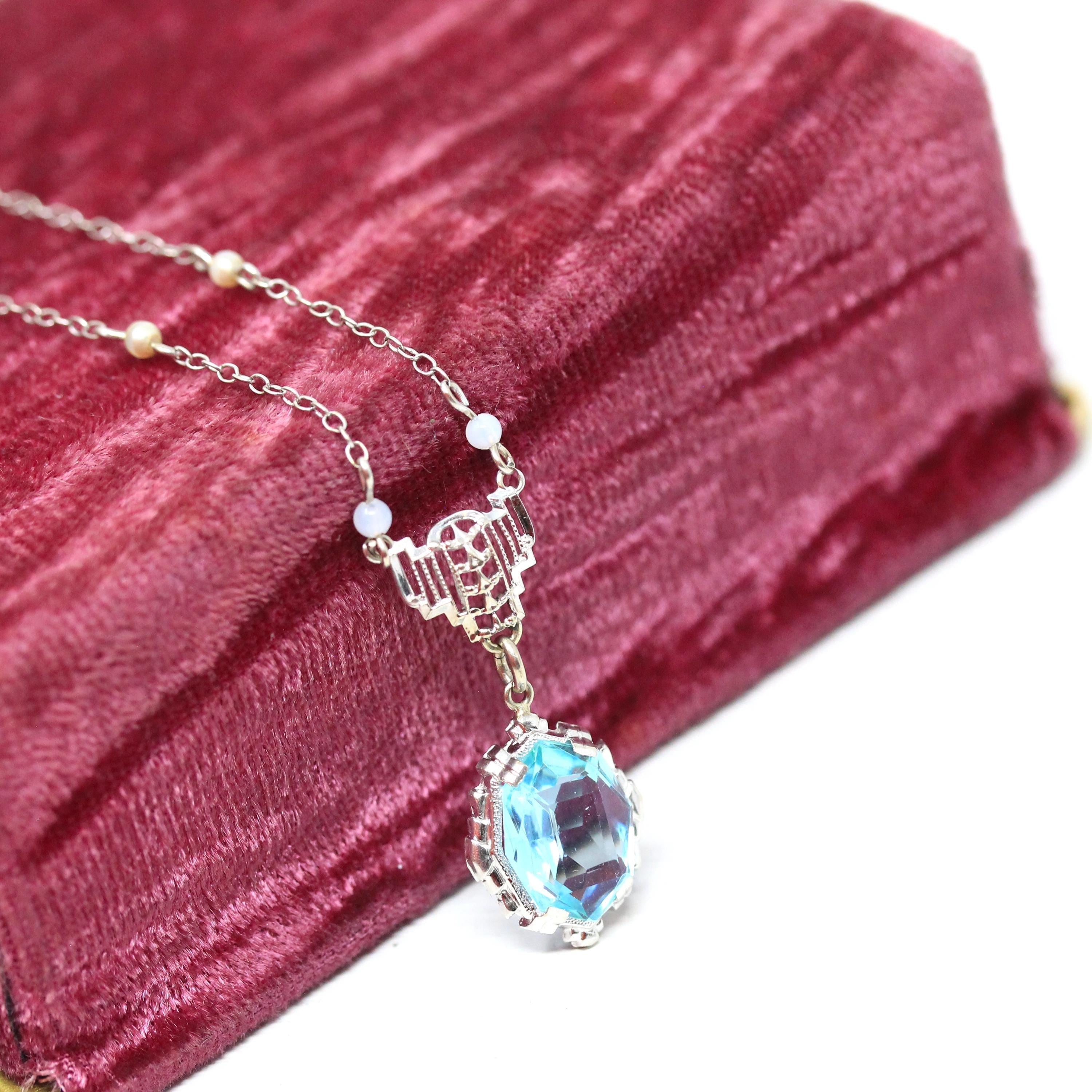 Art Deco Lavalier - Vintage 10k White Gold Simulated Aquamarine Blue Glass Necklace - Circa 1930s Era Simulated Seed Pearls 30s Fine Jewelry
