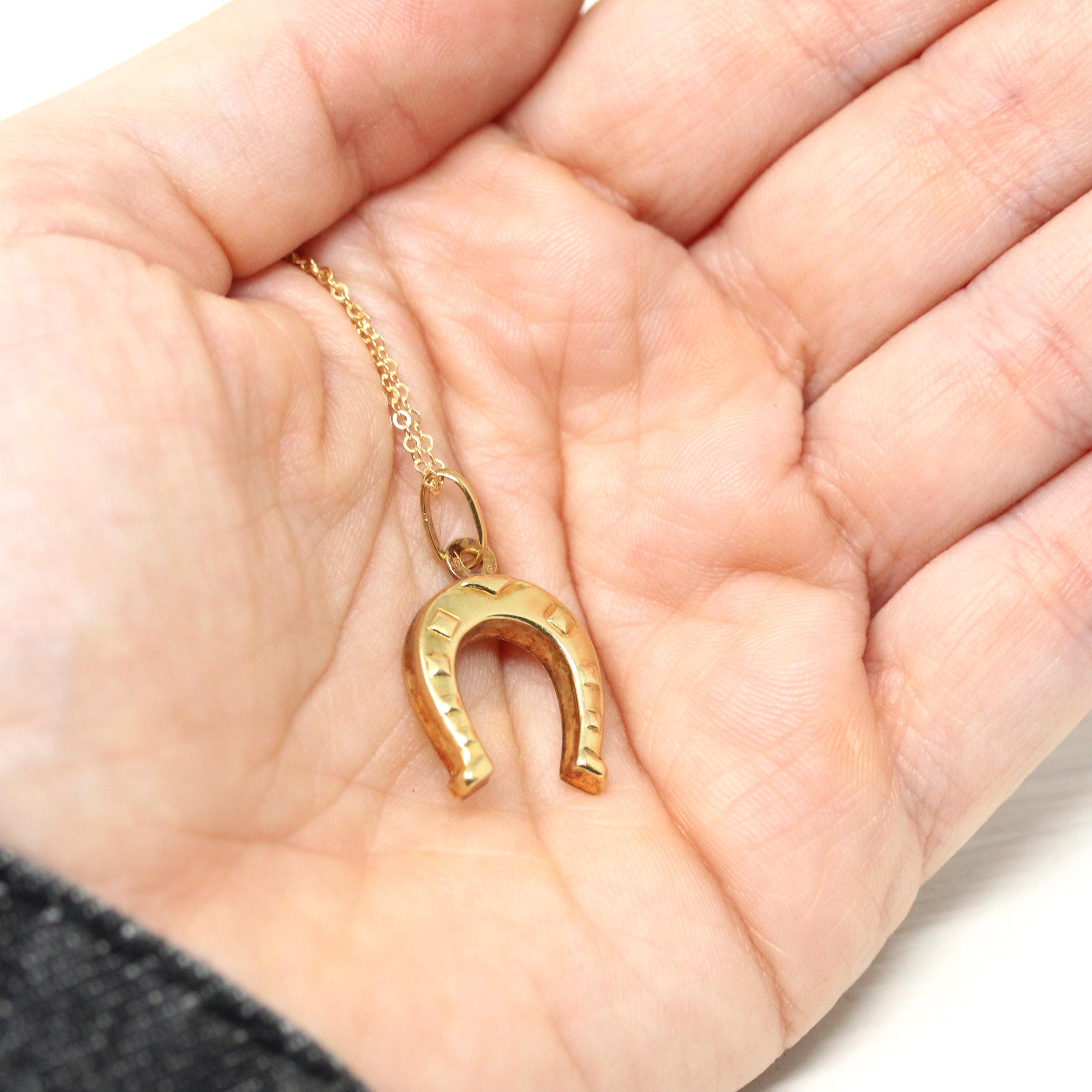 Vintage Horseshoe Pendant - Retro 18k Yellow Gold Pendant Nail Studded Necklace - Circa 1970s Era Good Luck Equestrian Horse Fine Jewelry