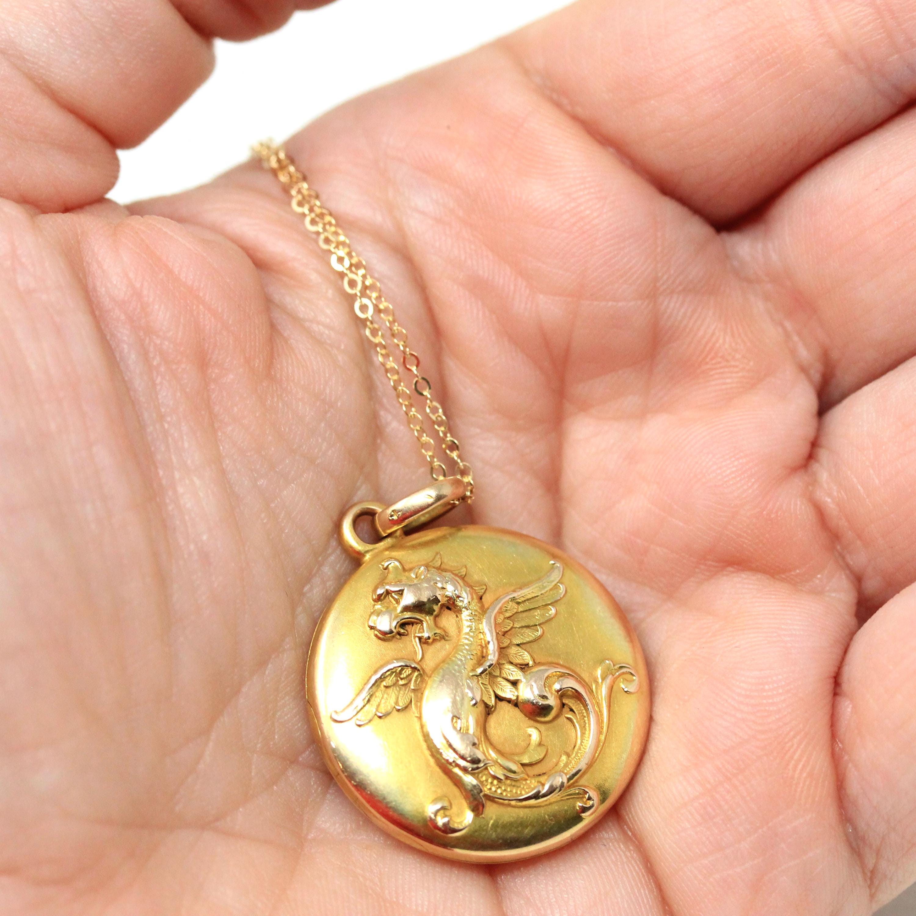 Antique Griffin Locket - Edwardian 14k Yellow Gold Keepsake Pendant Charm - Vintage Circa 1900s Era Mythological Beast Monogrammed Jewelry