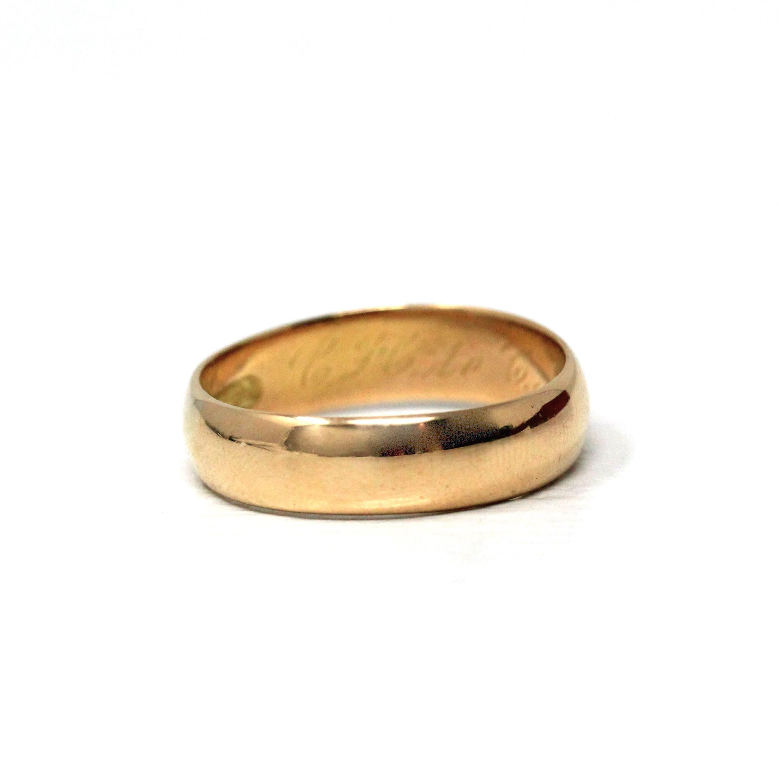 Dated 1906 Band - Edwardian 18k Yellow Gold Engraved "Nov 14" Cigar Style Plain Wedding Ring - Antique Size 10 1/2 Men's Unisex Fine Jewelry