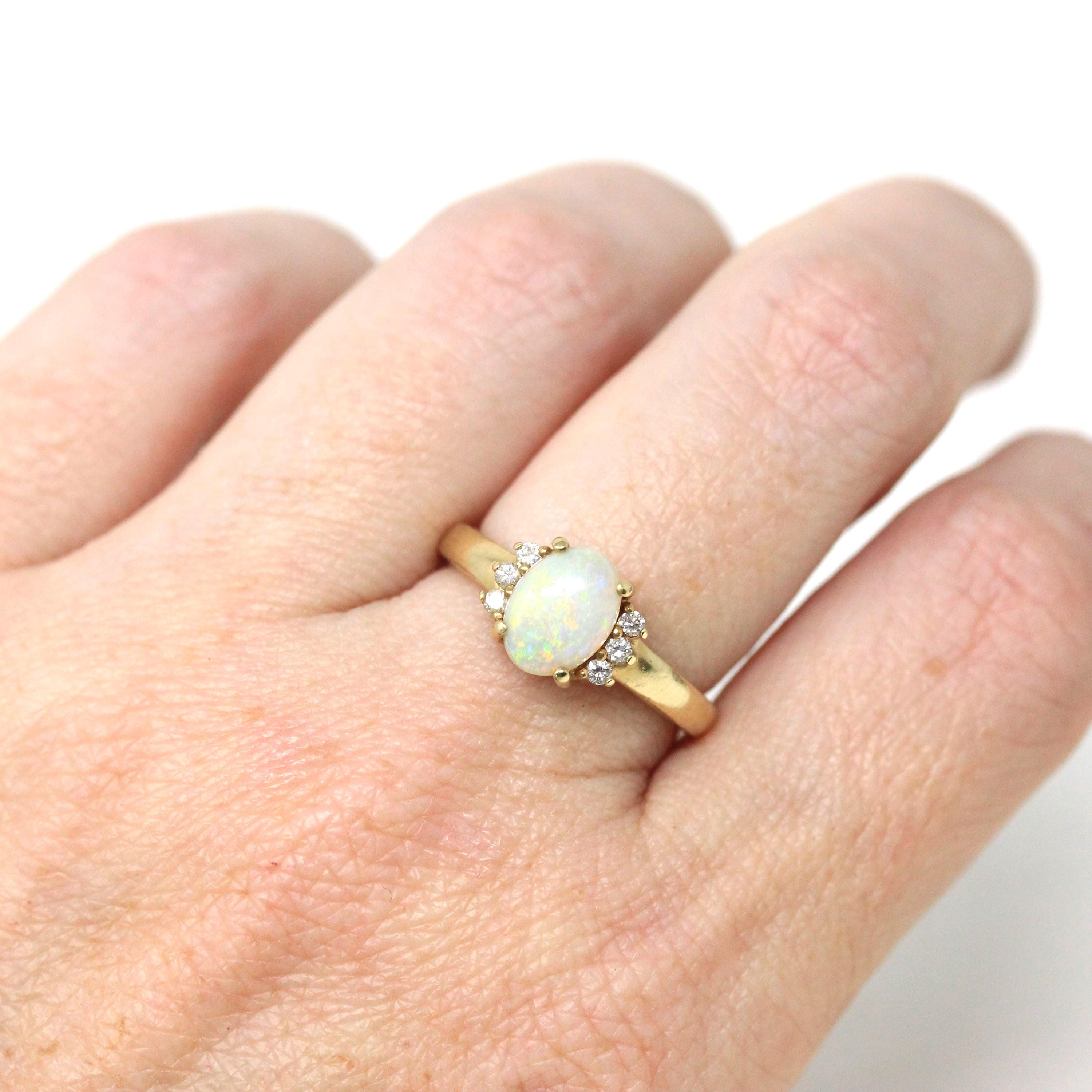 Opal & Diamond Ring - Modern 9ct Yellow Gold Oval Cut October Birthstone Gemstone - Circa 2000's Era Size 6 Fine Estate Statement Jewelry