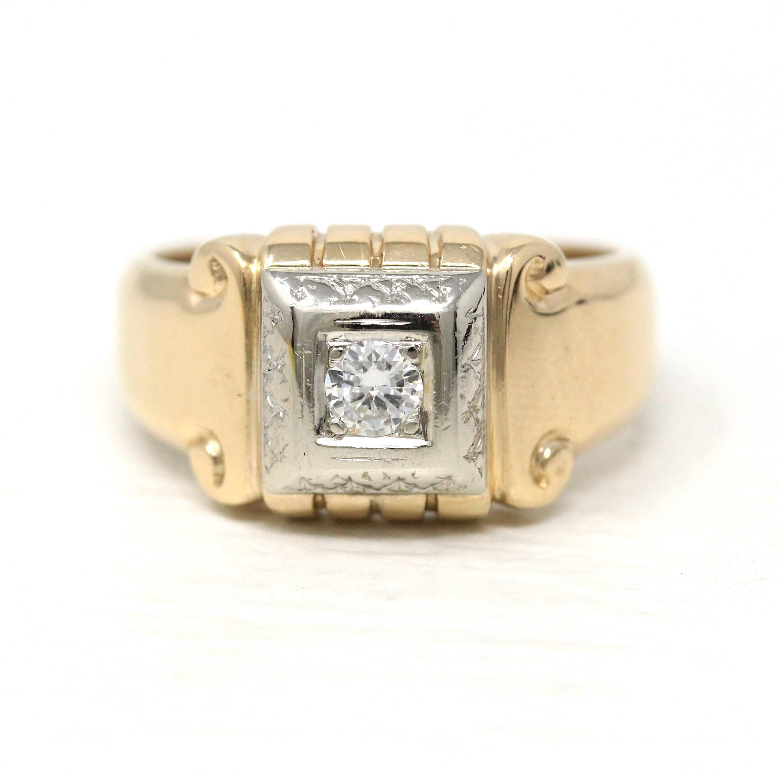 Vintage Diamond Ring - Retro 14k Yellow & White Gold .20 CT Unisex Men's Band - Circa 1940s Era Size 8 1/4 Two Tone Engagement Fine Jewelry