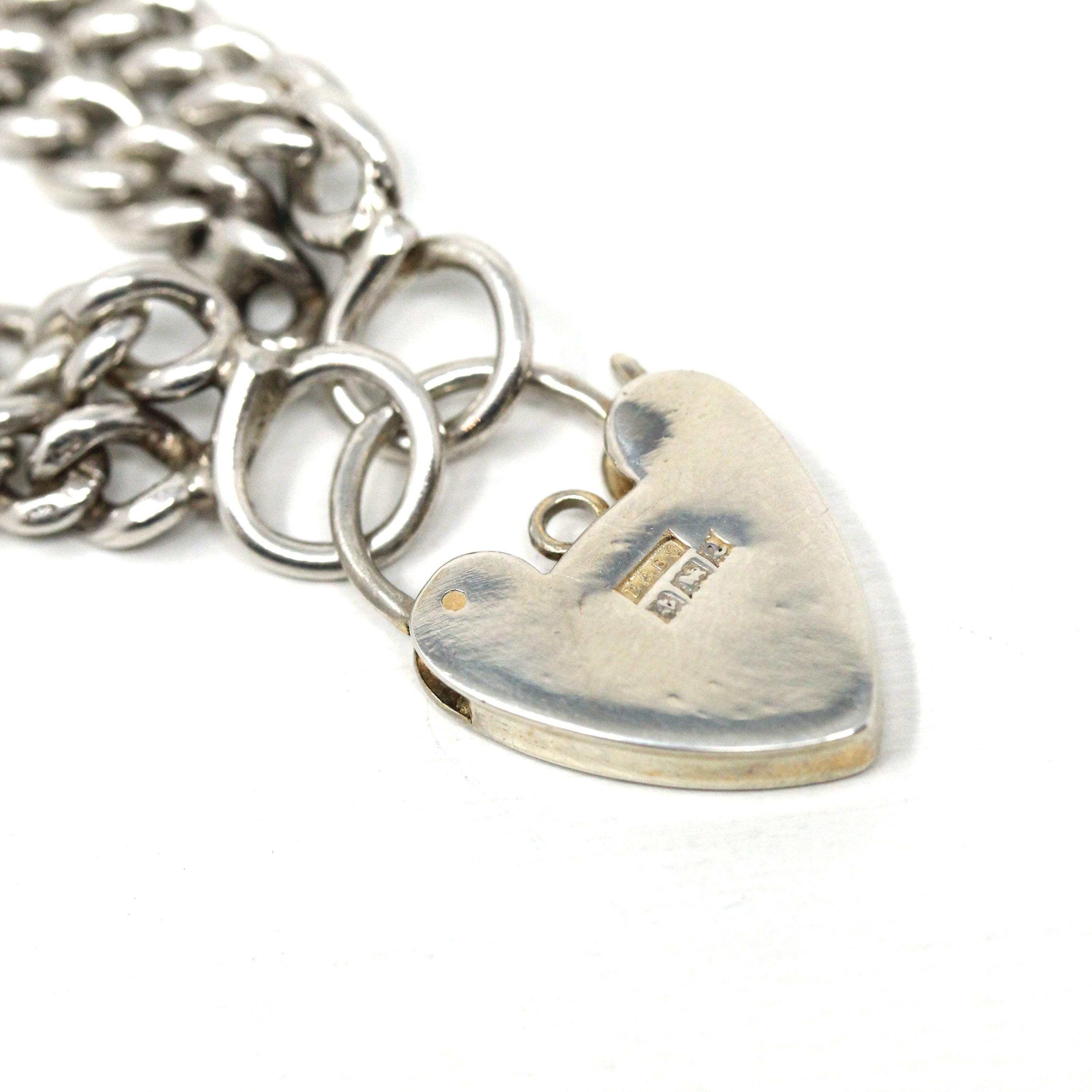 Vintage Padlock Bracelet - Retro Sterling Silver Two Tone Heart Charm English Linked Bracelet - Hallmarked 1965 Curb Link Chain Fine Jewelry