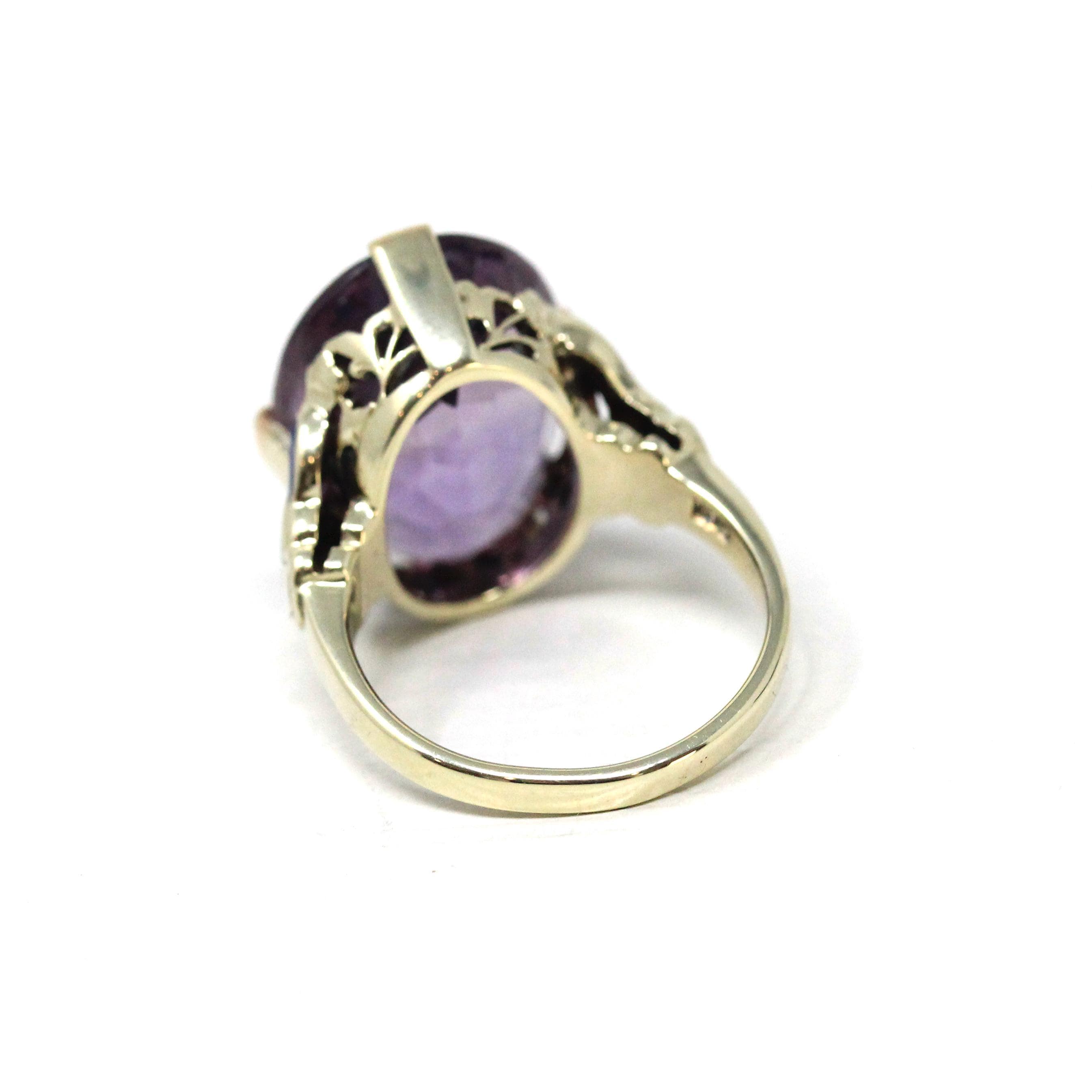 Art Deco Amethyst Ring - Vintage 14k Yellow Gold Natural Purple Gemstone Statement - Circa 1930s Era Size 4 1/2 Enamel Flowers Fine Jewelry