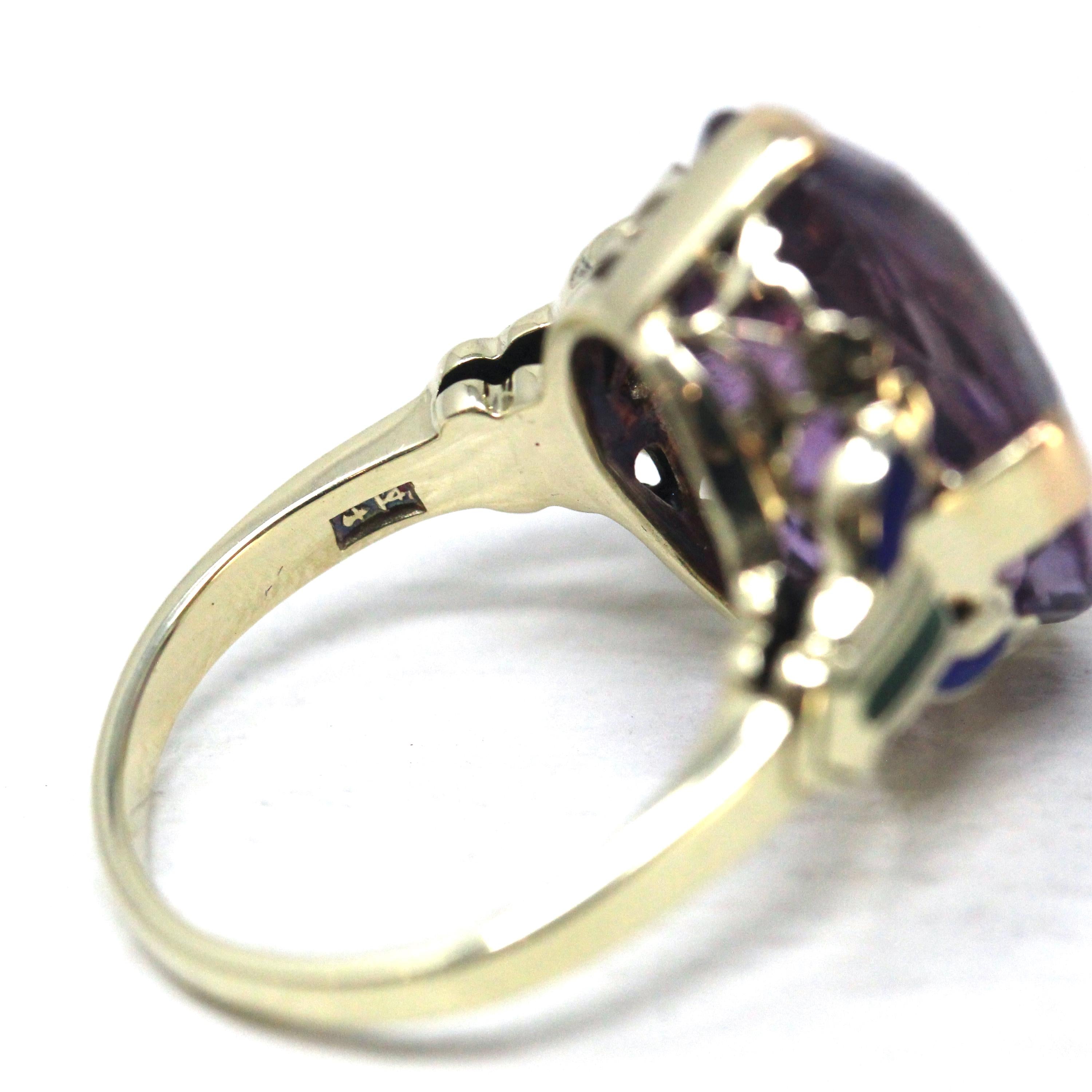 Art Deco Amethyst Ring - Vintage 14k Yellow Gold Natural Purple Gemstone Statement - Circa 1930s Era Size 4 1/2 Enamel Flowers Fine Jewelry