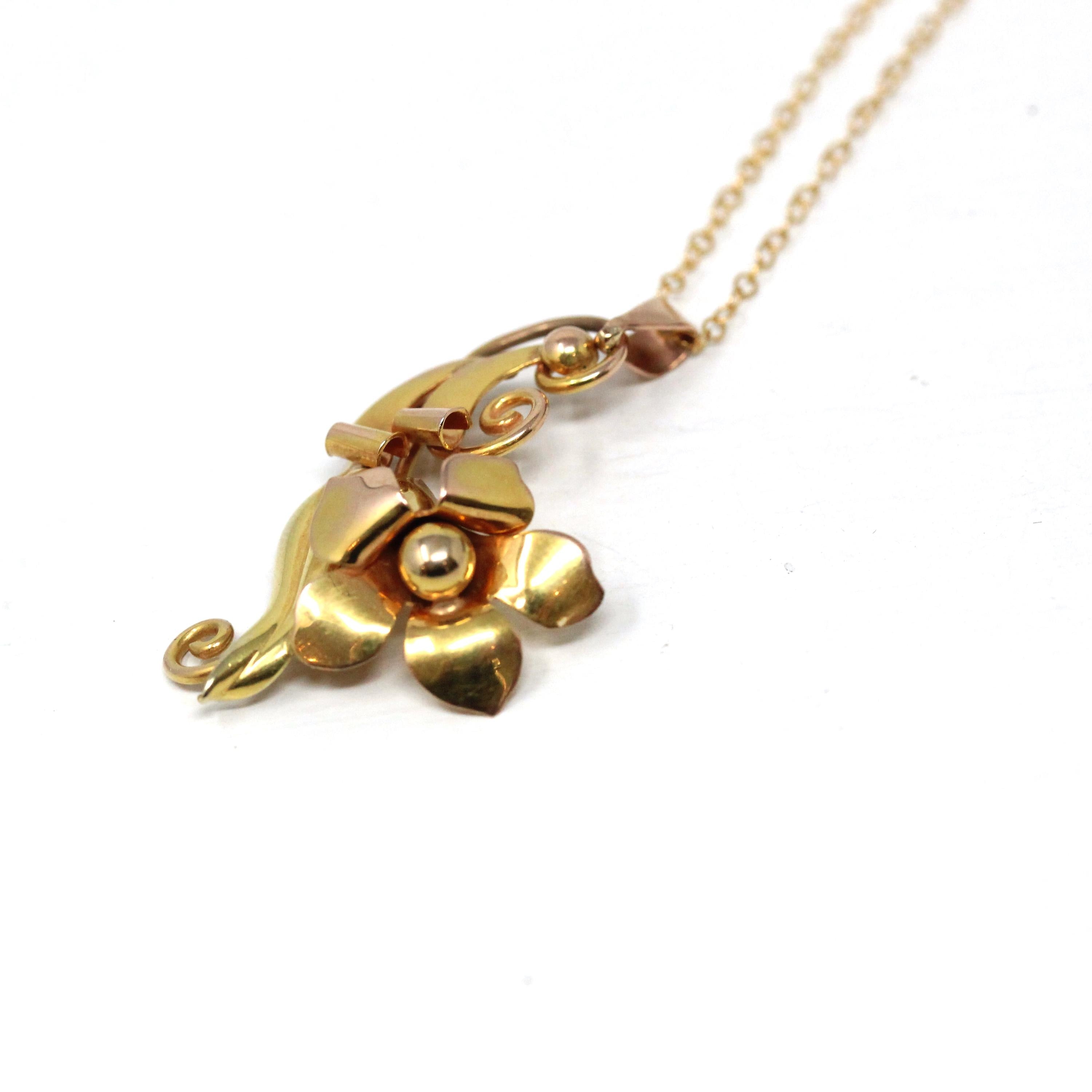 Vintage Flower Pendant - Retro 10k Two Tone Rose & Yellow Gold Necklace - Circa 1940s Era Trumpet Floral Carl Art Accessory Fine Jewelry