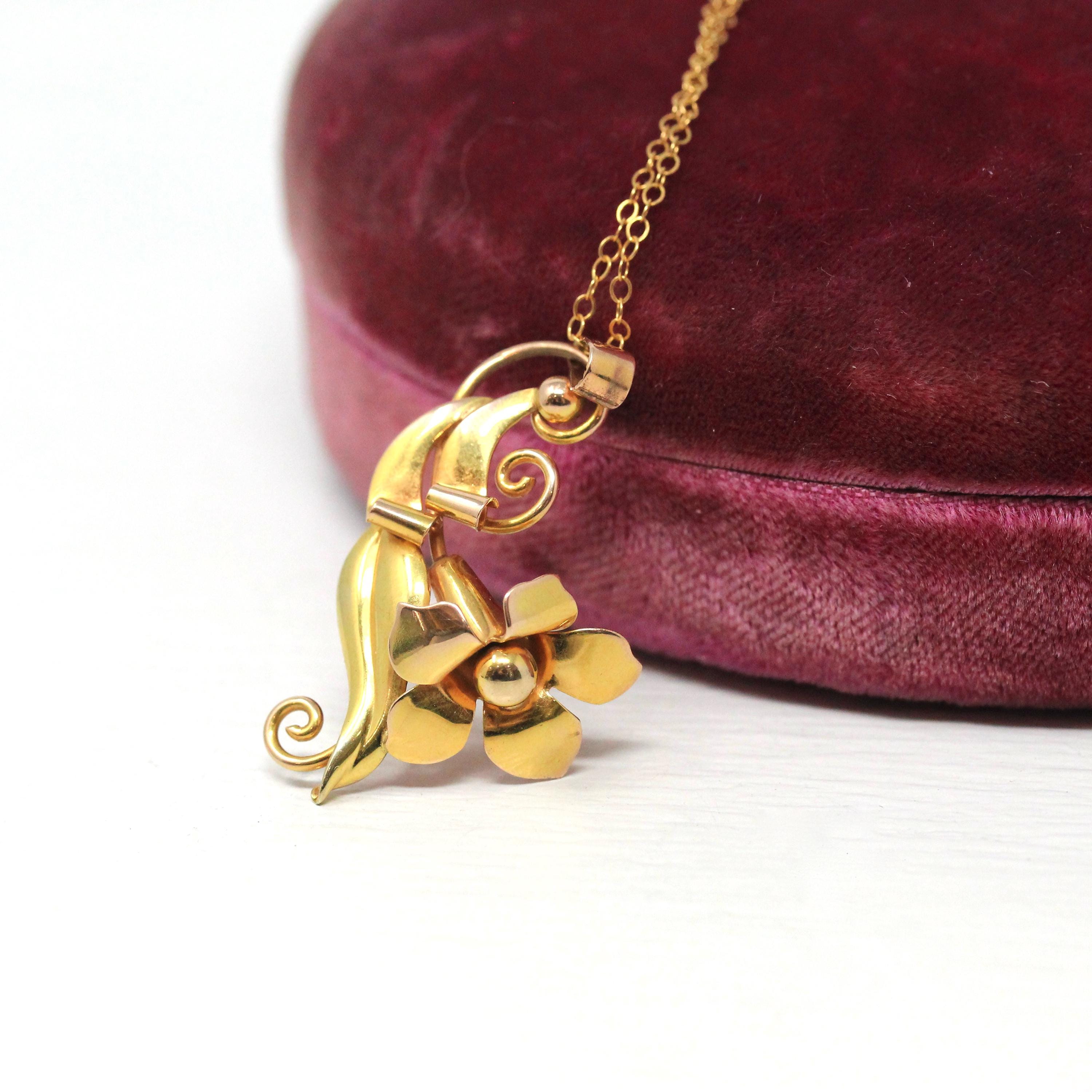 Vintage Flower Pendant - Retro 10k Two Tone Rose & Yellow Gold Necklace - Circa 1940s Era Trumpet Floral Carl Art Accessory Fine Jewelry