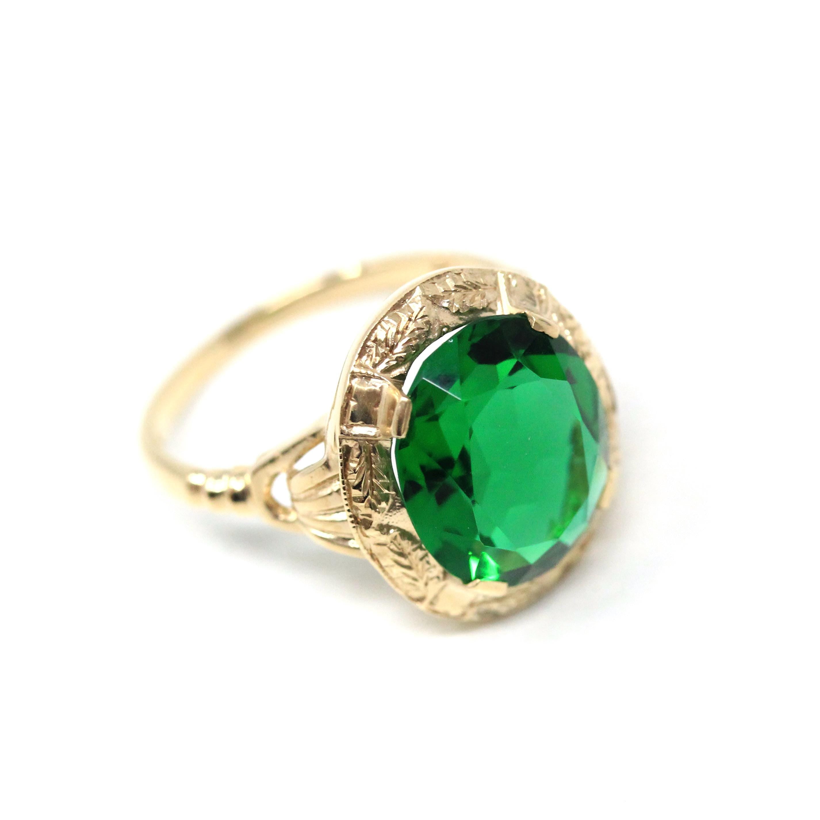 Simulated Emerald Ring - Retro Era 10k Yellow Gold Oval Faceted Green Glass Stone - Vintage 1940s Size 5 3/4 Fine May Birthstone Jewelry