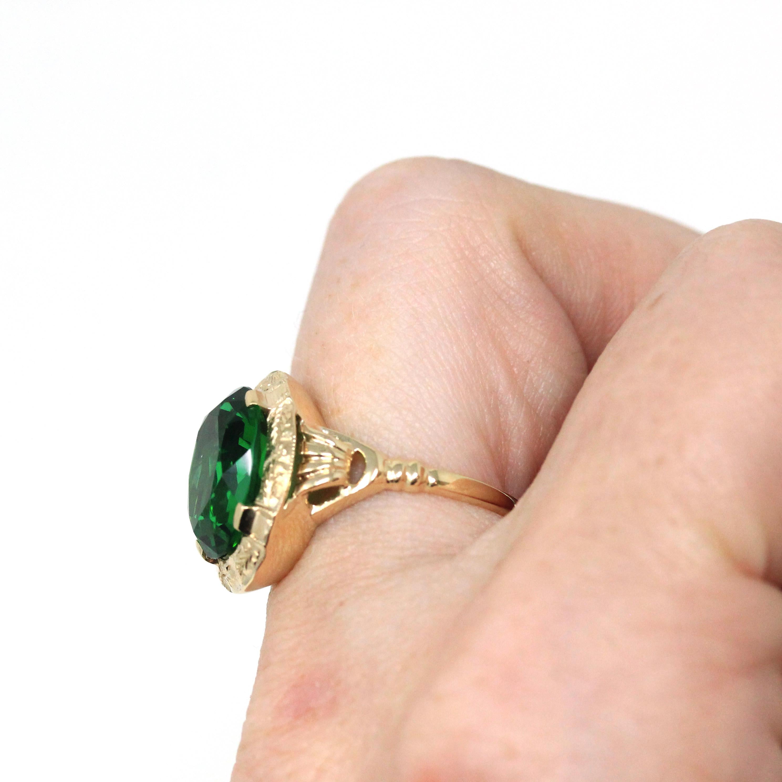 Simulated Emerald Ring - Retro Era 10k Yellow Gold Oval Faceted Green Glass Stone - Vintage 1940s Size 5 3/4 Fine May Birthstone Jewelry