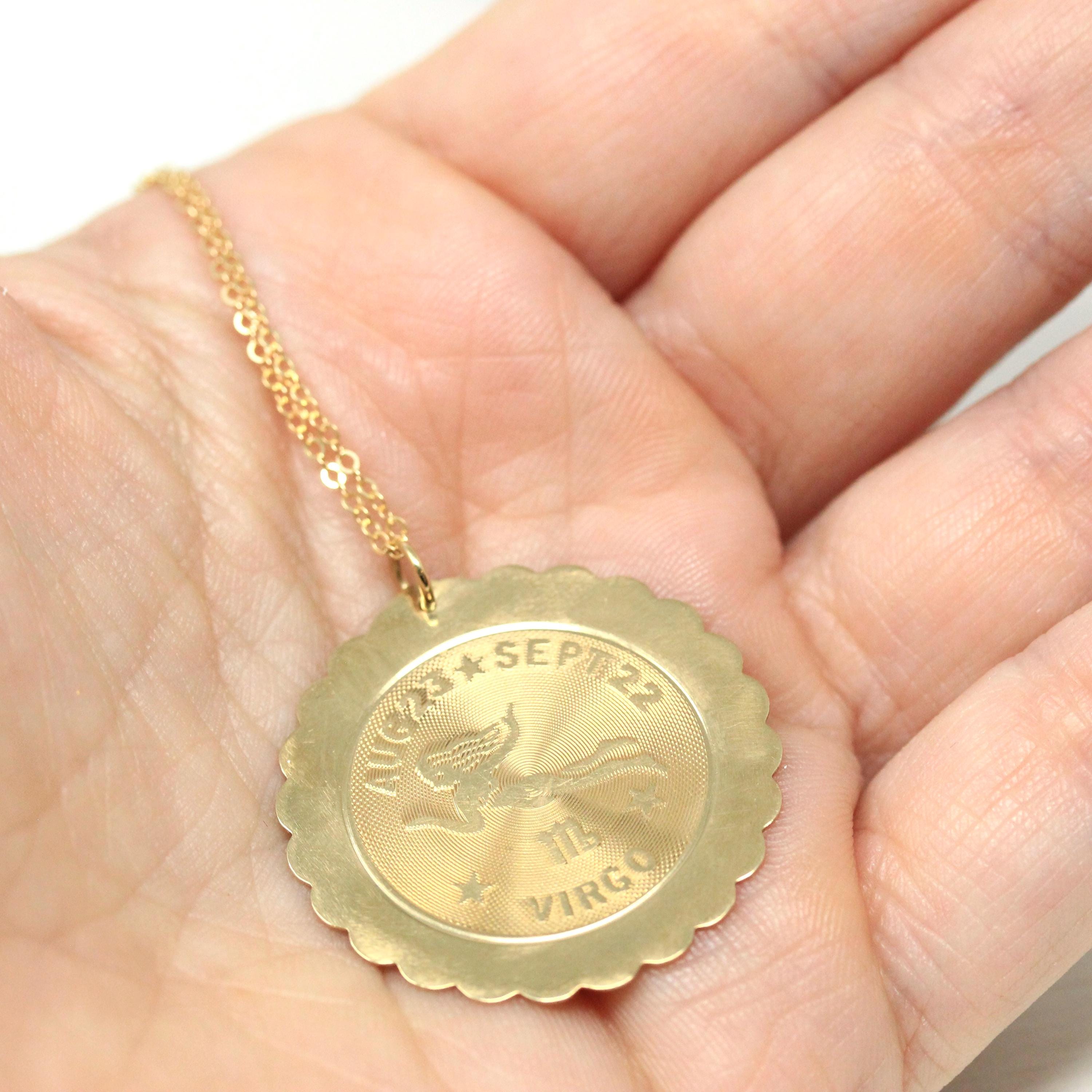 Vintage Virgo Pendant - Retro 14k Yellow Gold Maiden Astrological Sign Charm Necklace - Circa 1970s Zodiac Celestial Earth Element Jewelry