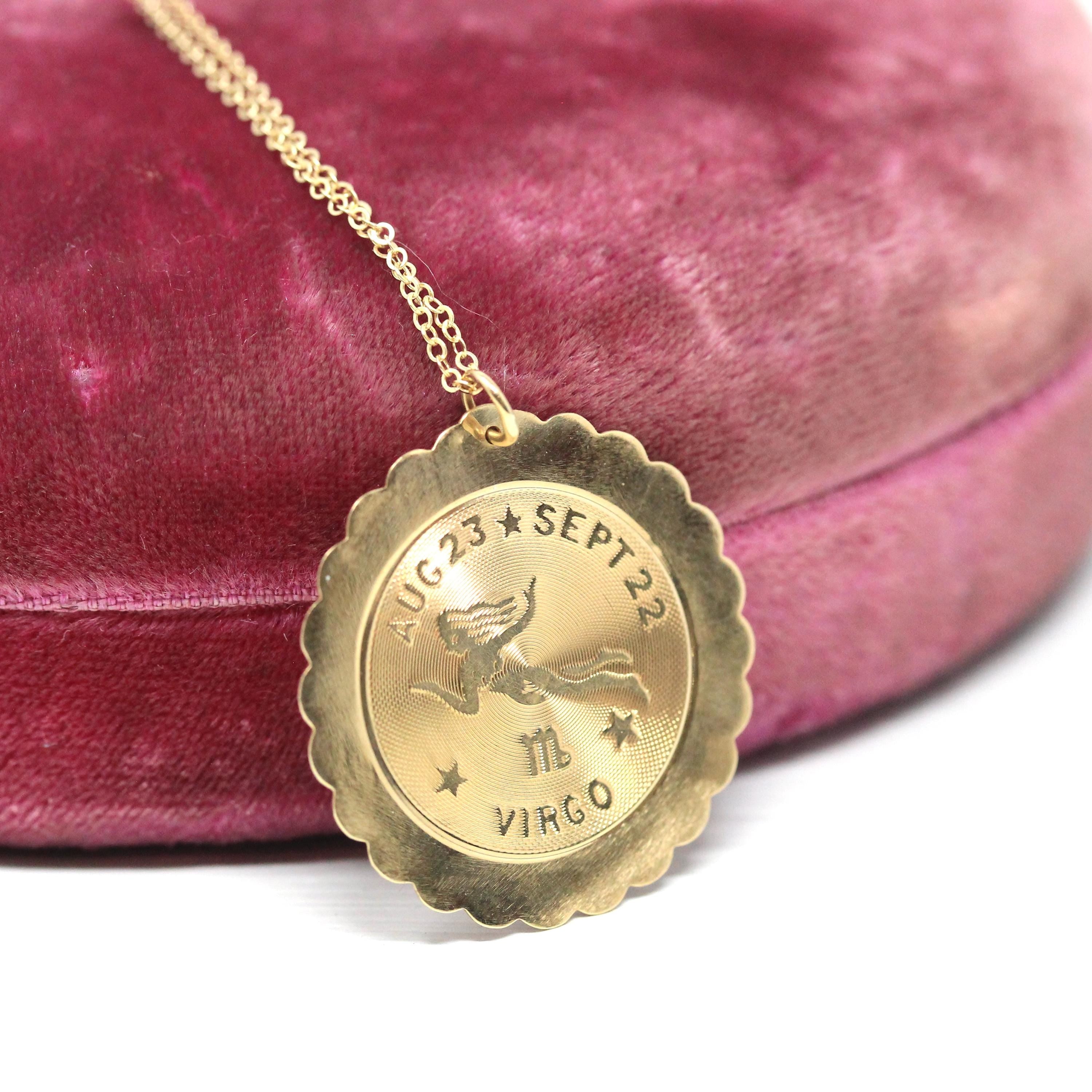 Vintage Virgo Pendant - Retro 14k Yellow Gold Maiden Astrological Sign Charm Necklace - Circa 1970s Zodiac Celestial Earth Element Jewelry