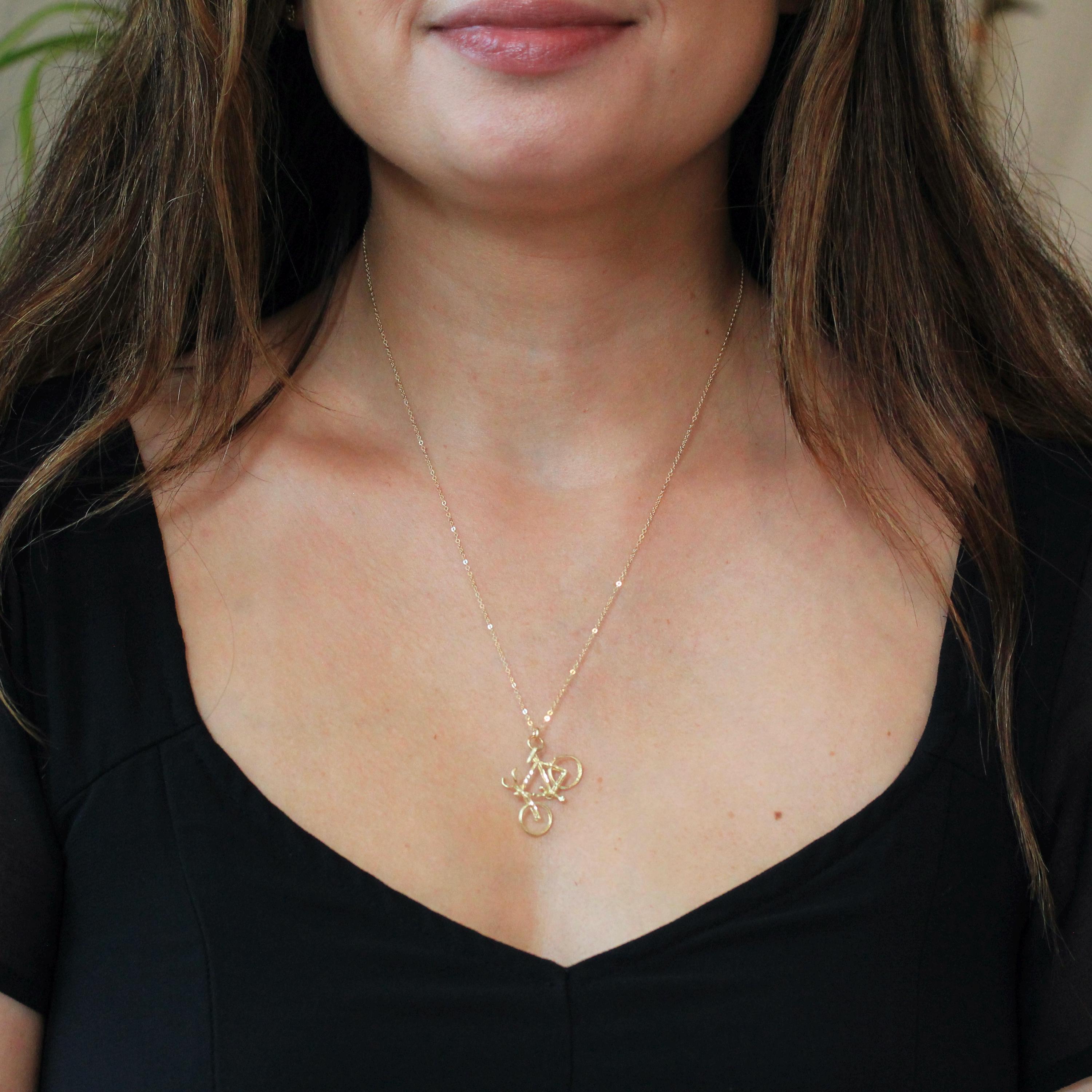 Estate Bike Charm - Modern 14k Yellow Gold Figural Bicycle Pendant Necklace - Y2K 2000s Era Transportation Sport Statement Fine Jewelry